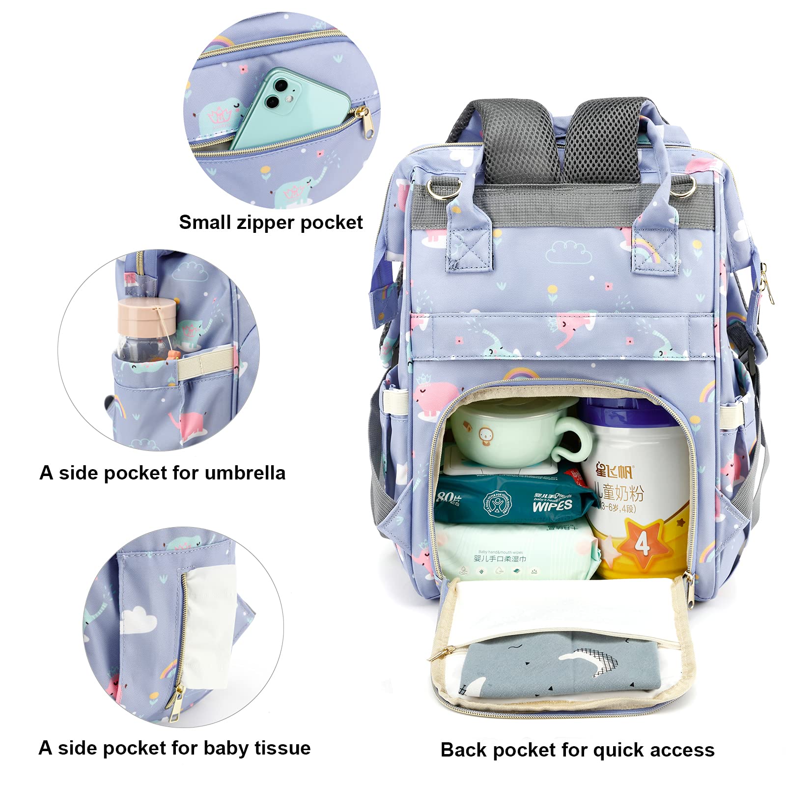 Yusudan Elephant Diaper Backpack insulated bottle pockets keep feeds warm.