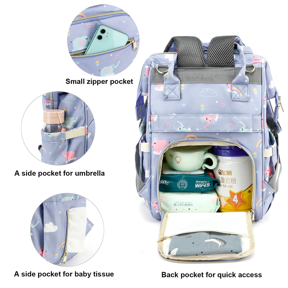 Yusudan Elephant Diaper Backpack insulated bottle pockets keep feeds warm.