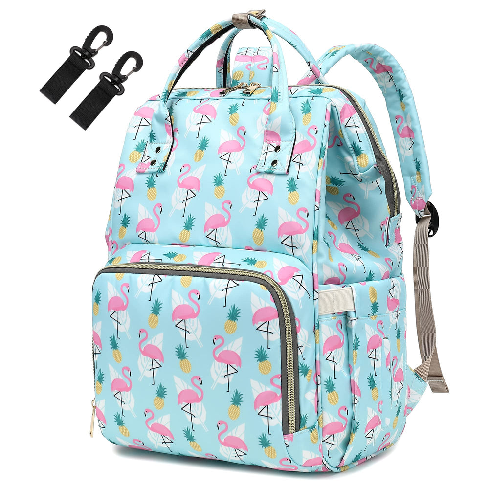 Yusudan Flamingo diaper backpack in green, front view showing spacious main compartment