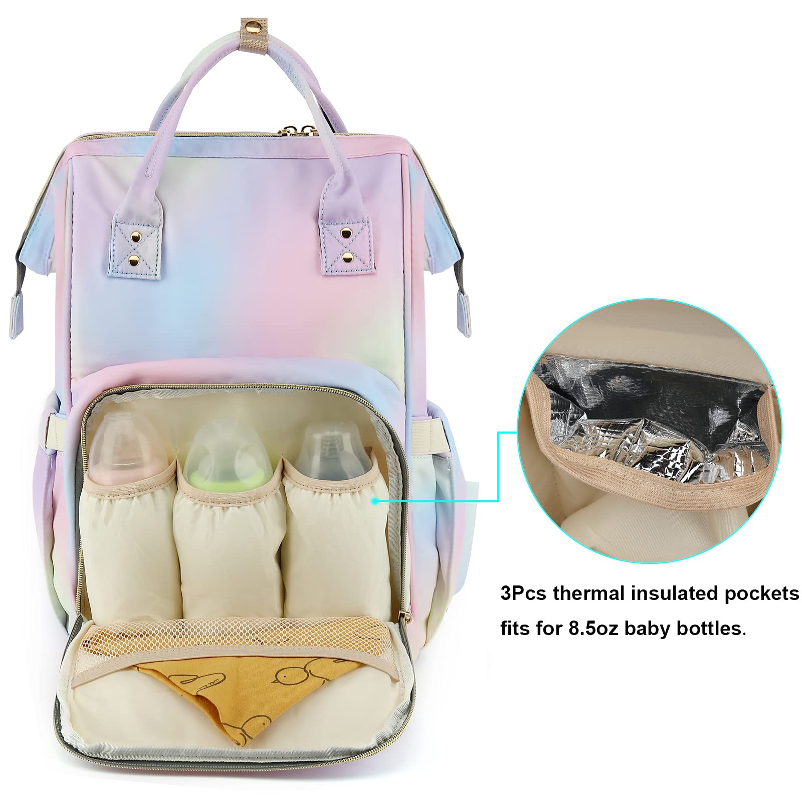 Yusudan Rainbow Diaper Bag Backpack back view, quick access with top and rear openings.