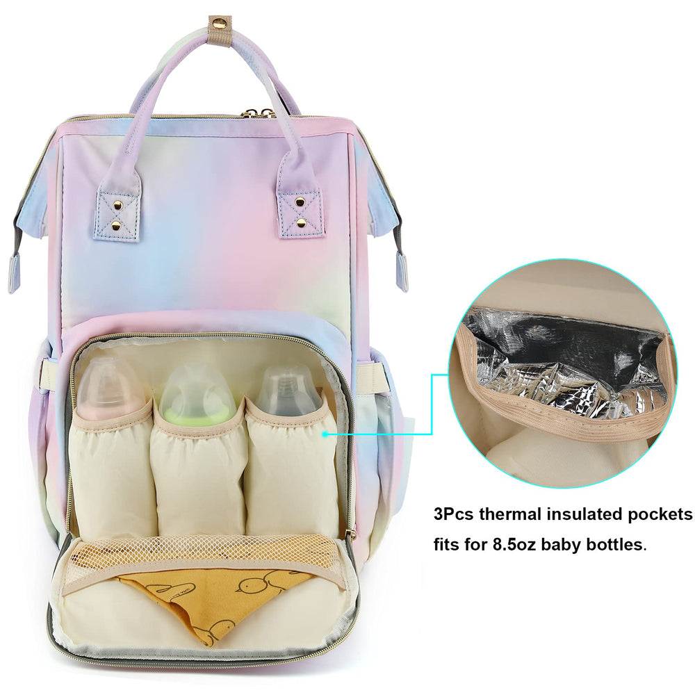 Yusudan Rainbow Diaper Bag Backpack back view, quick access with top and rear openings.