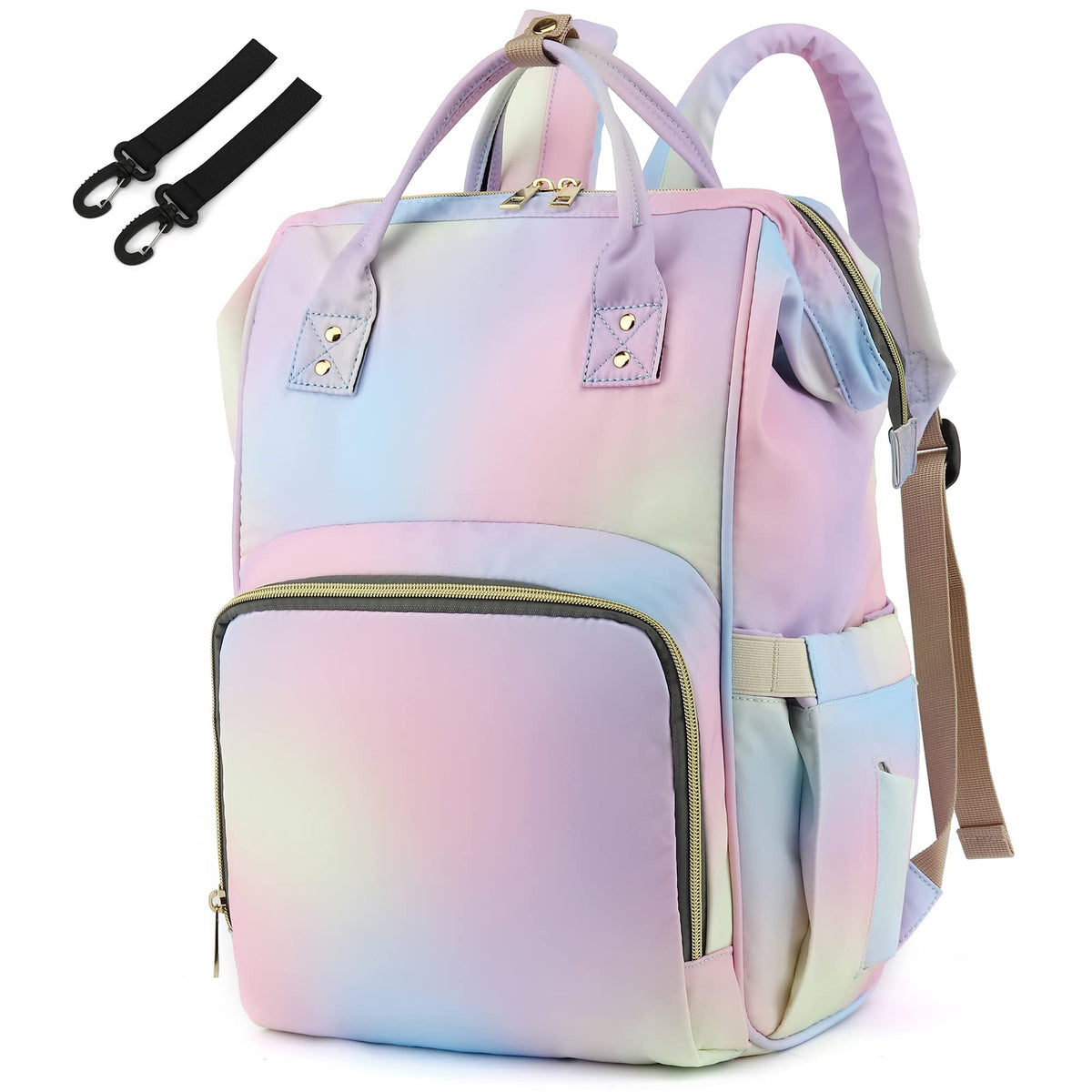 Yusudan Rainbow Diaper Bag Backpack front view, waterproof and spacious for baby essentials.