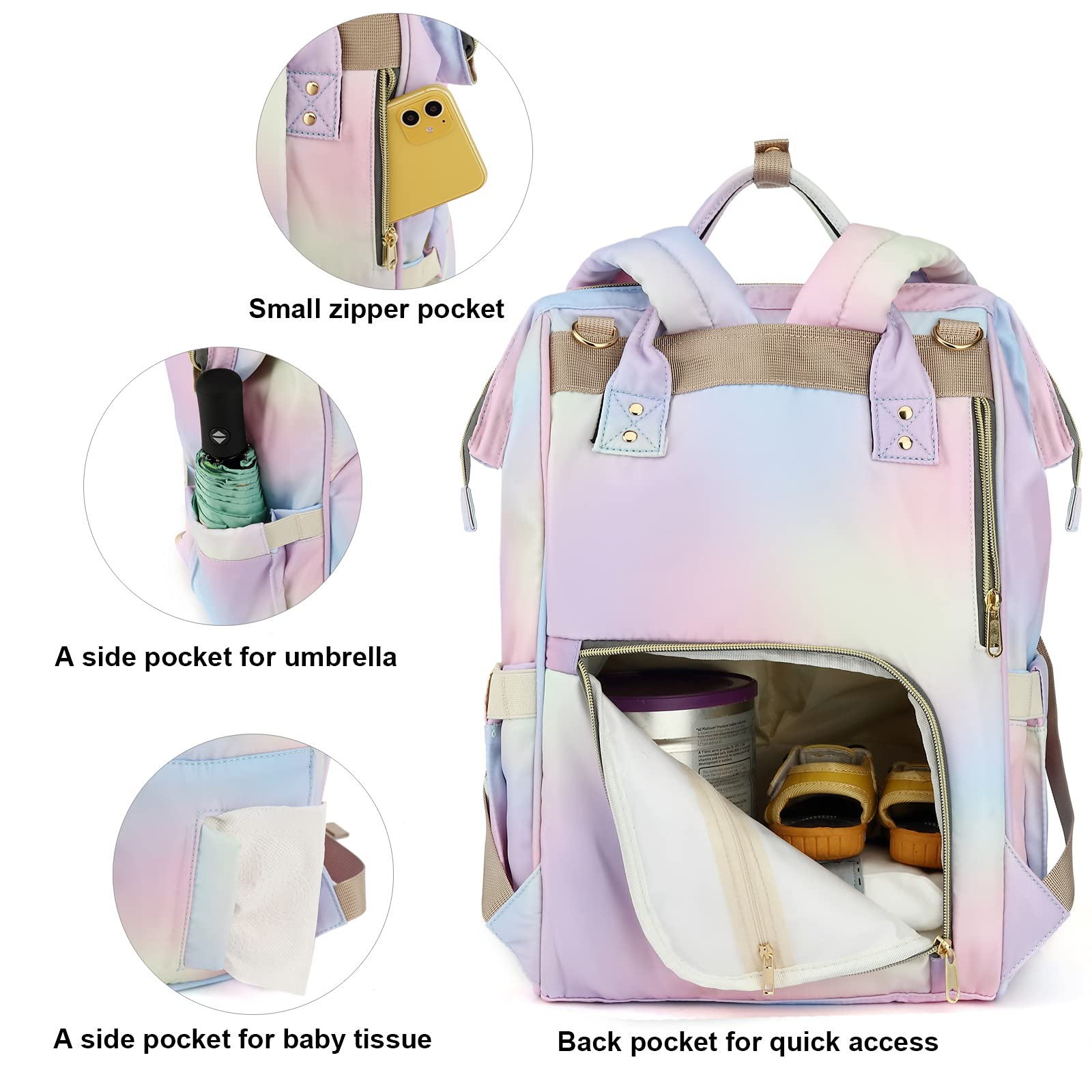 Yusudan Rainbow Diaper Bag Backpack insulated bottle pockets, keeps bottles warm.