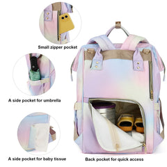 Yusudan Rainbow Diaper Bag Backpack insulated bottle pockets, keeps bottles warm.