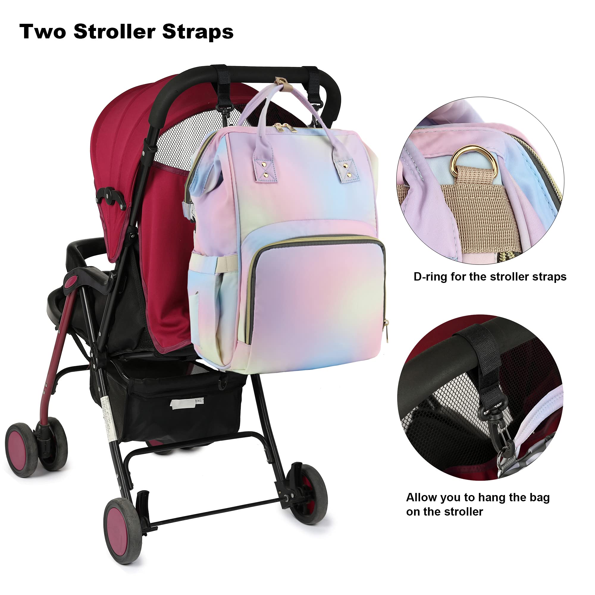 Yusudan Rainbow Diaper Bag Backpack top opening, easy packing and retrieval.