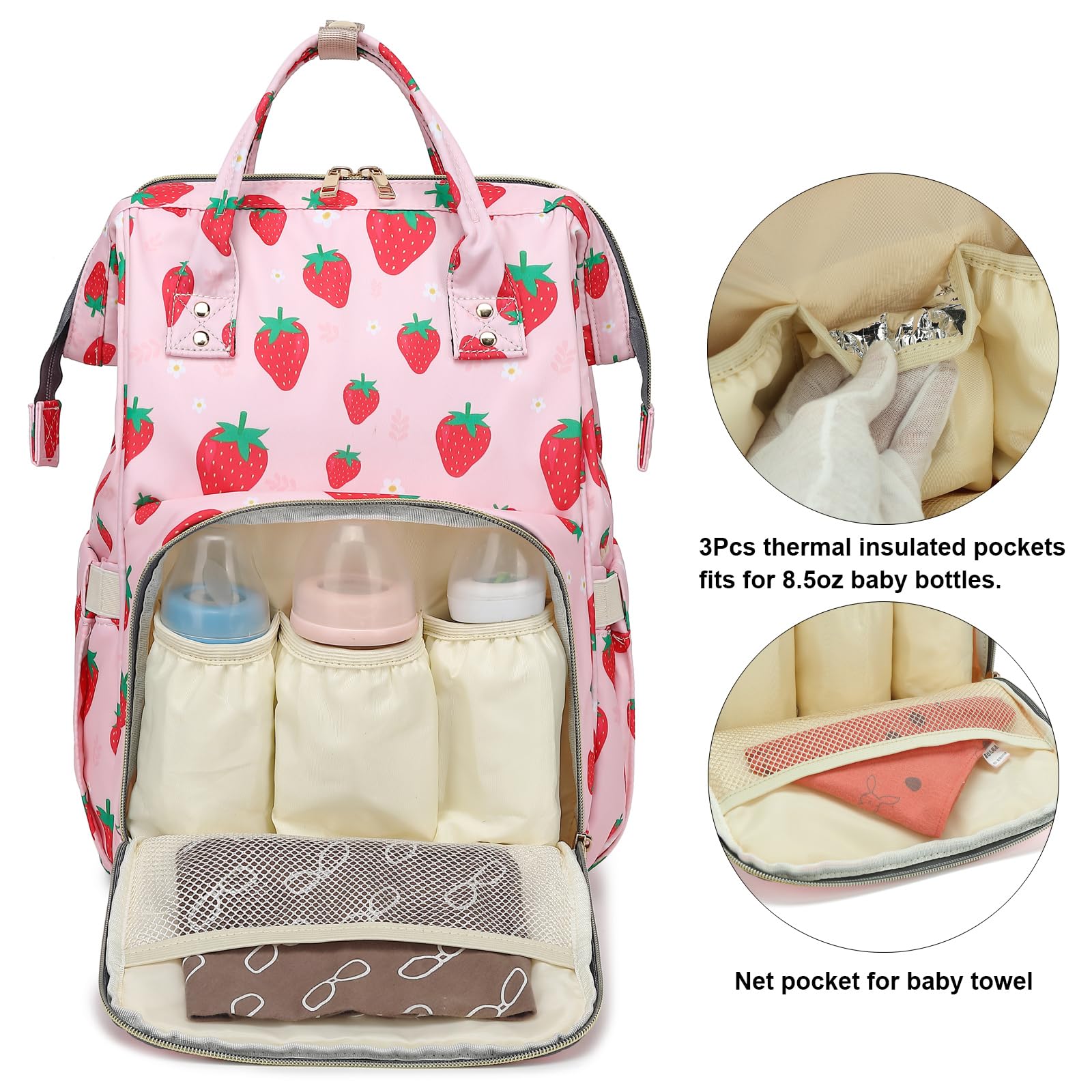 Yusudan Strawberry diaper bag backpack, side pocket view with insulated bottle pockets
