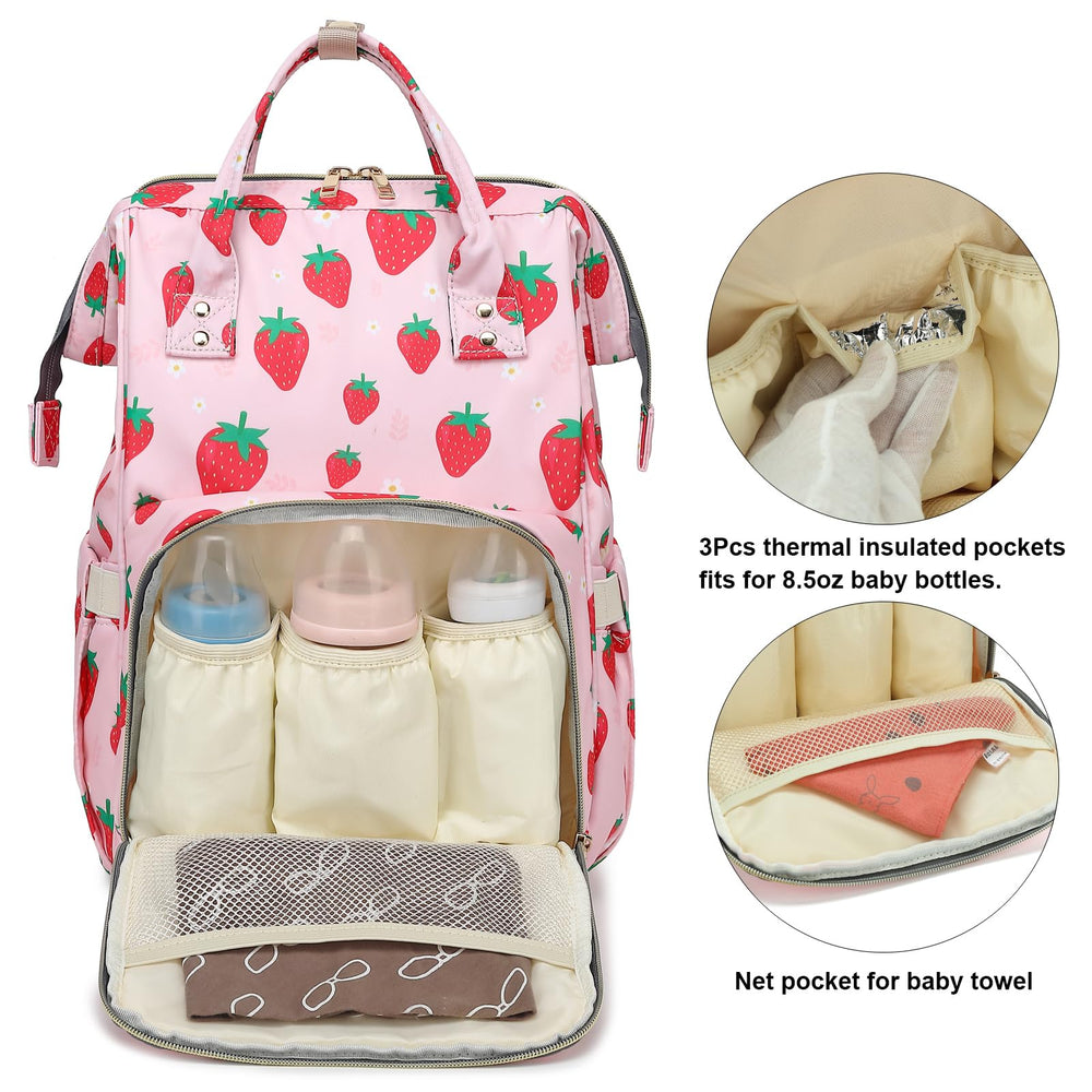 Yusudan Strawberry diaper bag backpack, side pocket view with insulated bottle pockets
