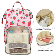 Yusudan Strawberry diaper bag backpack, side pocket view with insulated bottle pockets