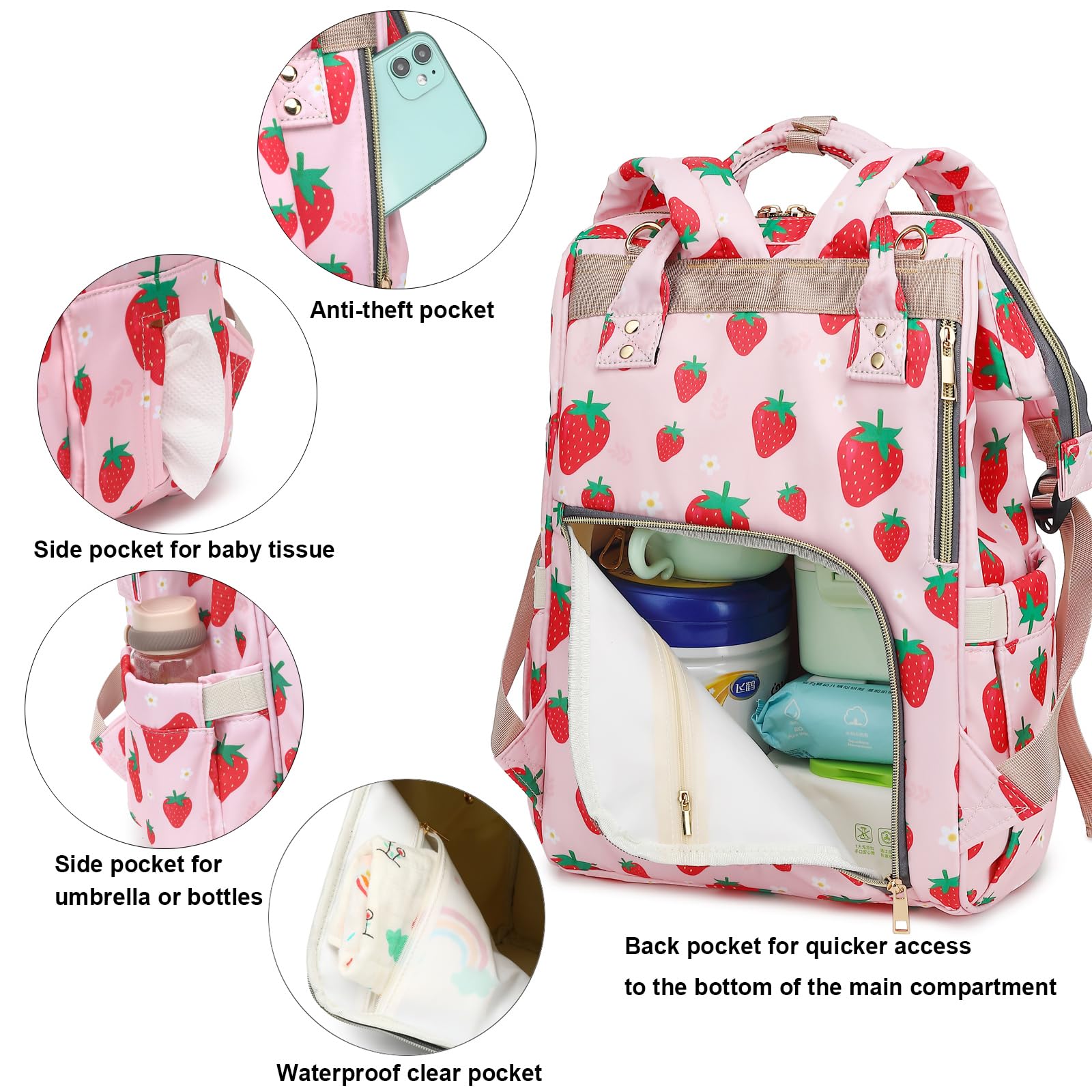 Yusudan Strawberry diaper bag backpack, top opening for easy access