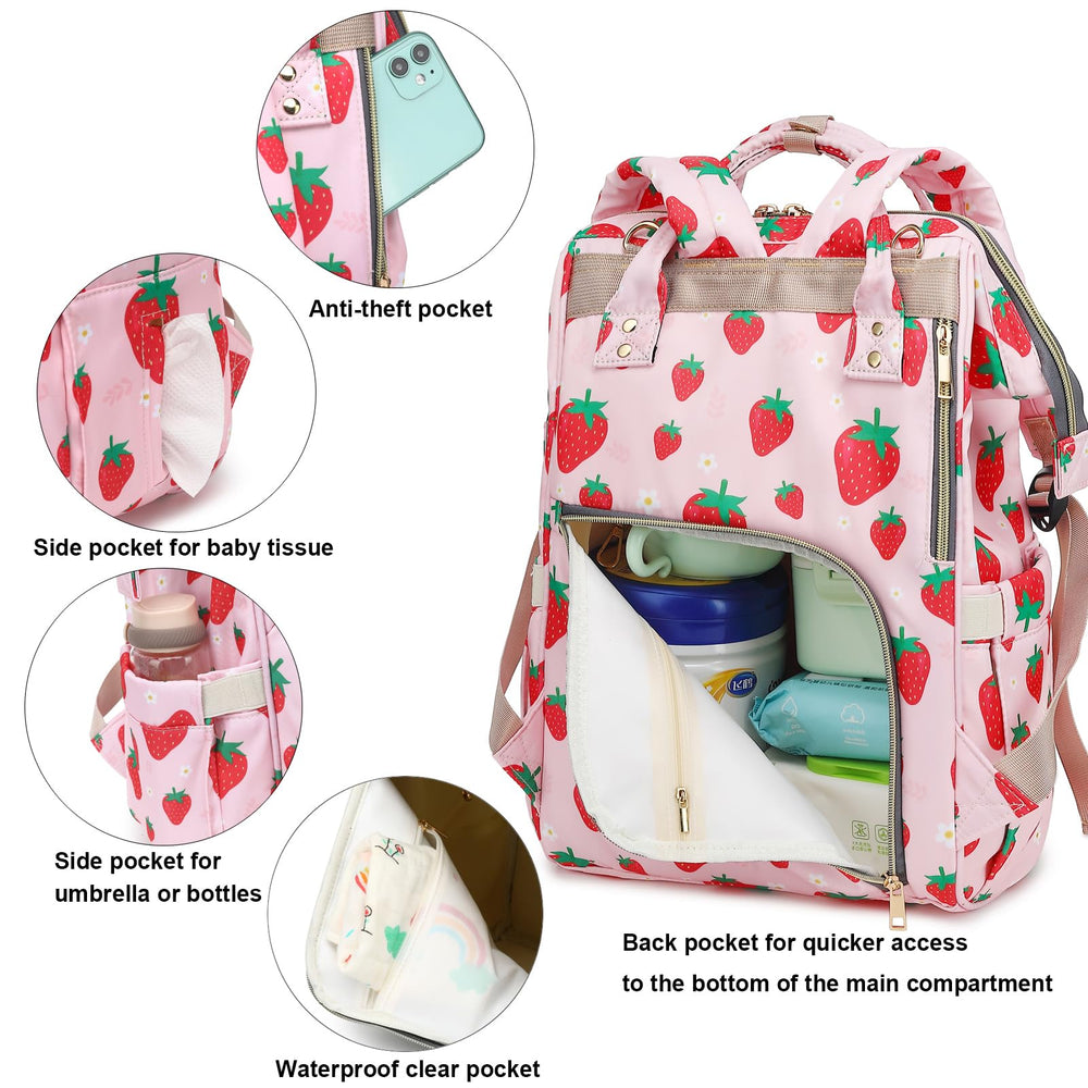 Yusudan Strawberry diaper bag backpack, top opening for easy access