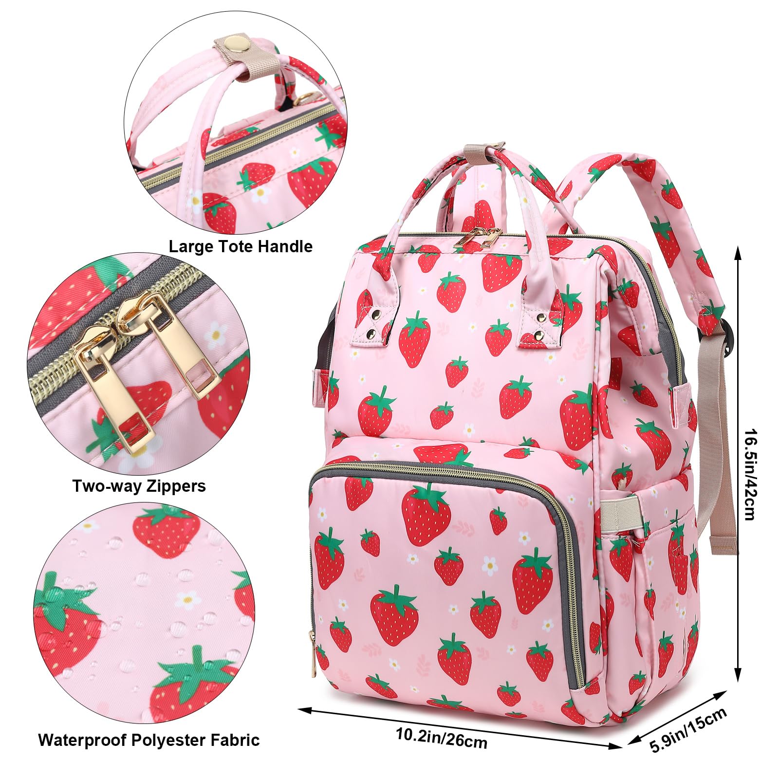 Yusudan Strawberry diaper bag backpack, waterproof Oxford fabric protects contents