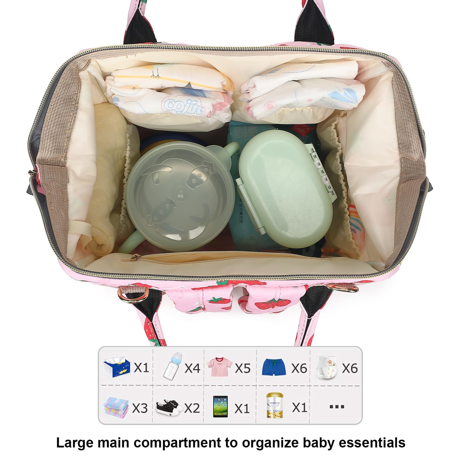 Yusudan Strawberry diaper bag backpack, wet/dry pocket separates damp items