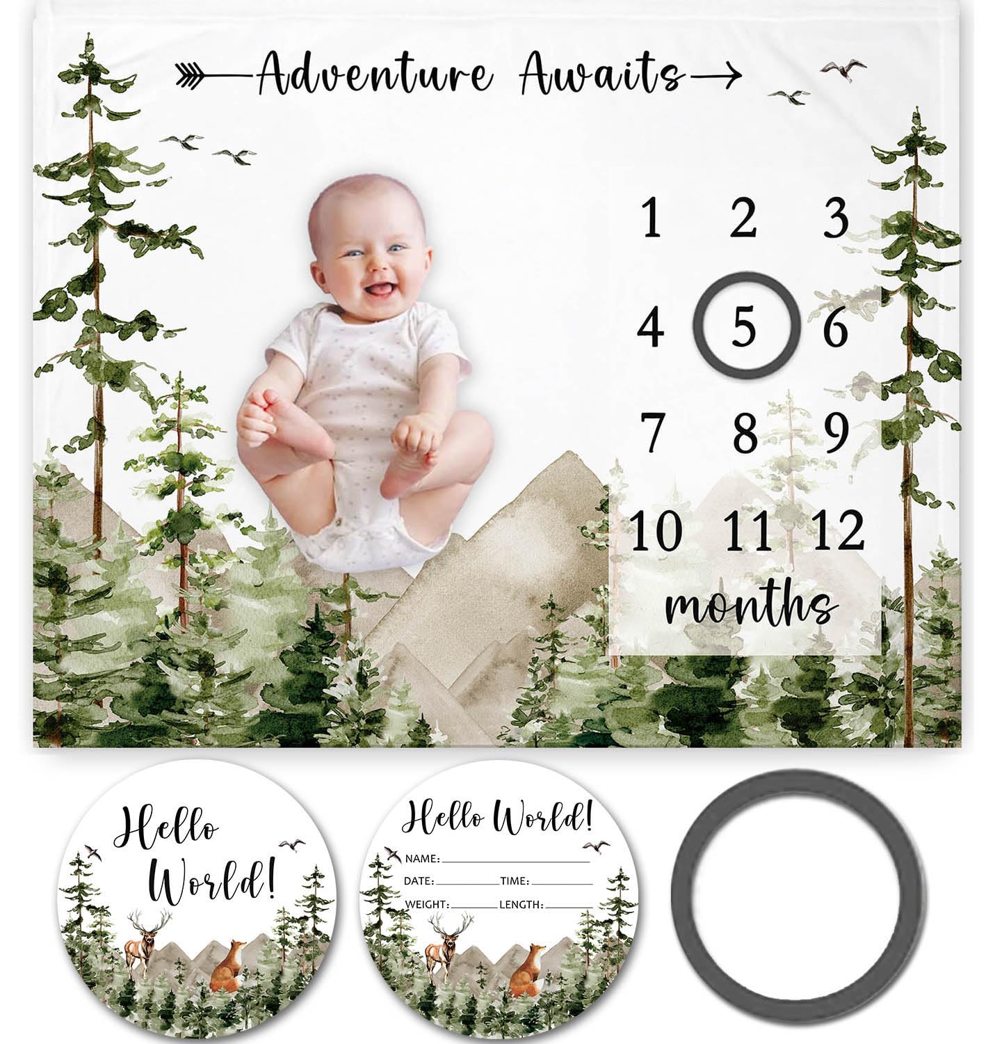 Yuzioey Adventure Awaits blanket top view shows plush 300 GSM flannel for cozy baby photos.