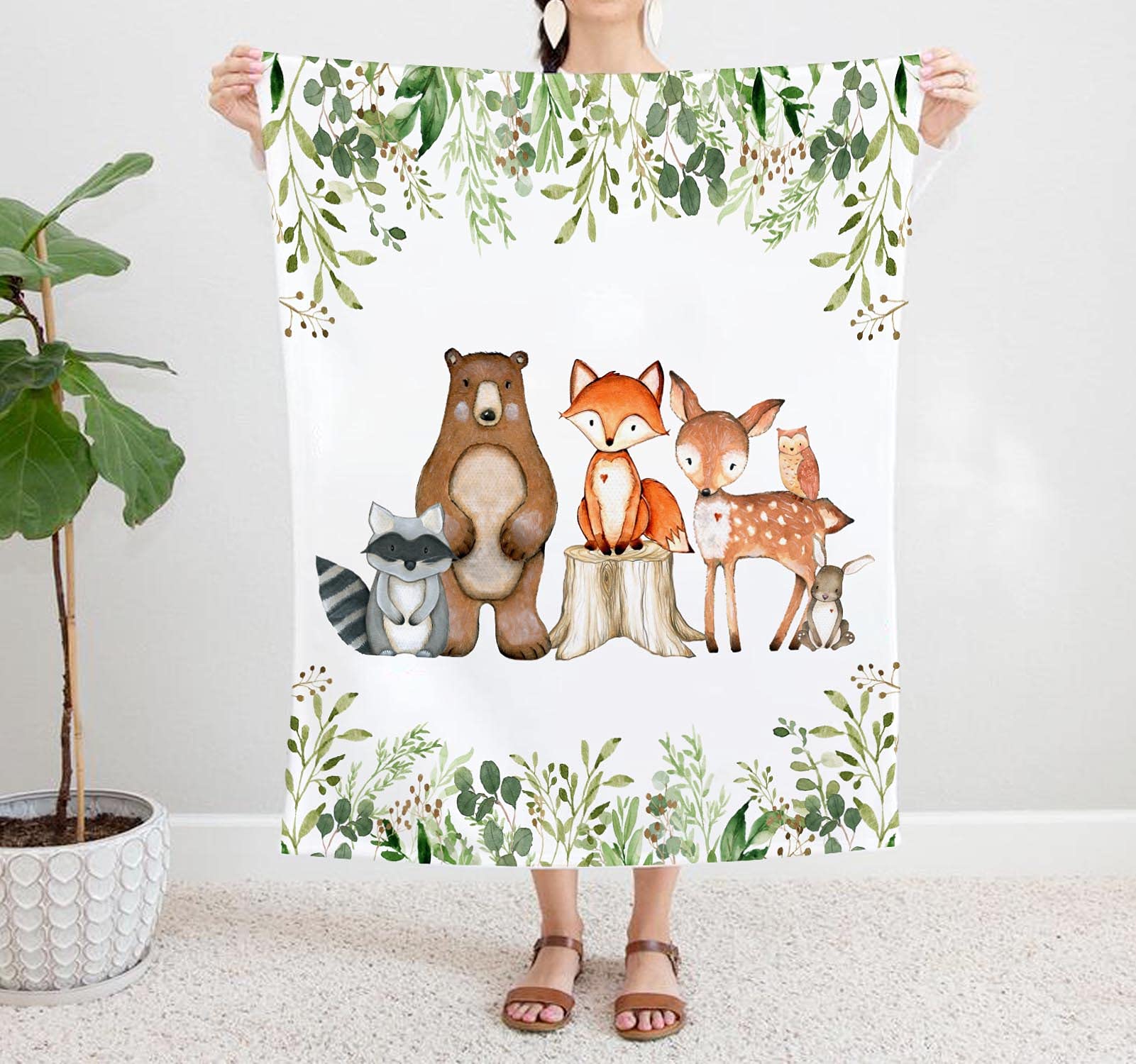 Yuzioey Popfavors woodland blanket with greenery forest motif, ideal for crib or photo backdrop