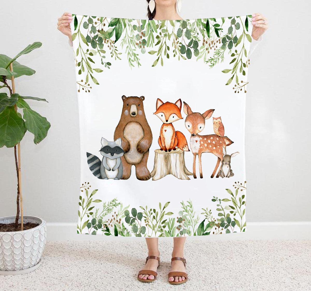 Yuzioey Popfavors woodland blanket with greenery forest motif, ideal for crib or photo backdrop