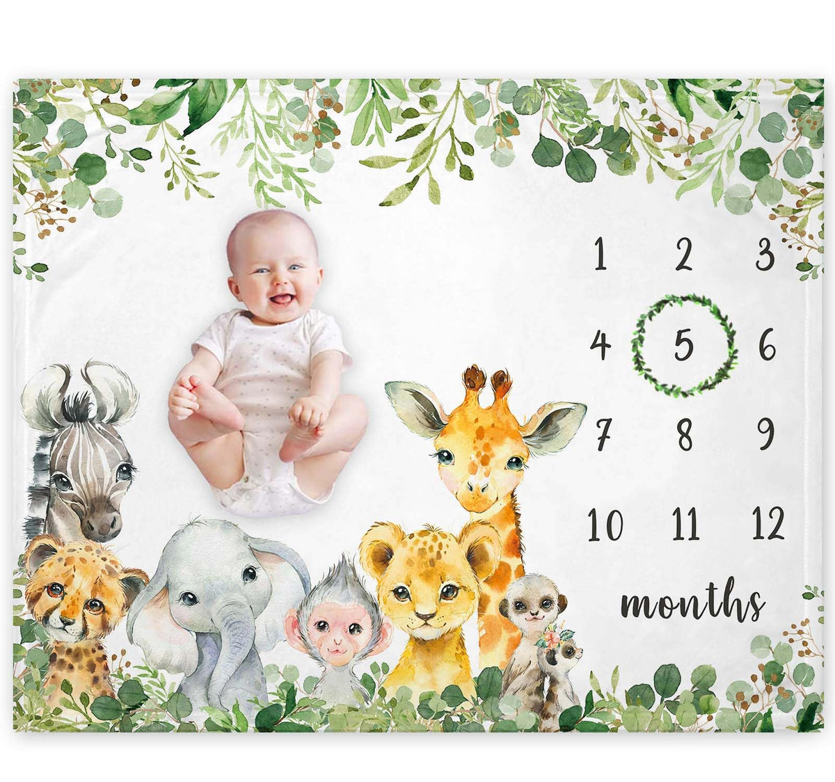 Yuzioey safari animals milestone blanket used as baby photo backdrop for growth tracking.