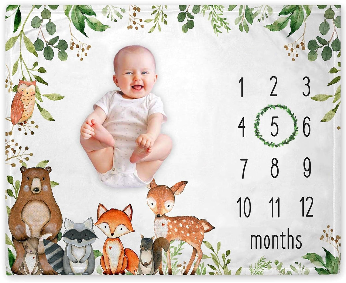 Yuzioey Woodland milestone blanket front design with forest animals for monthly photos