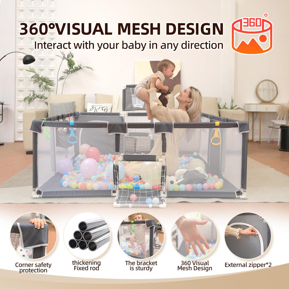 YVDRG playpen features basketball hoop and football goal for active play.