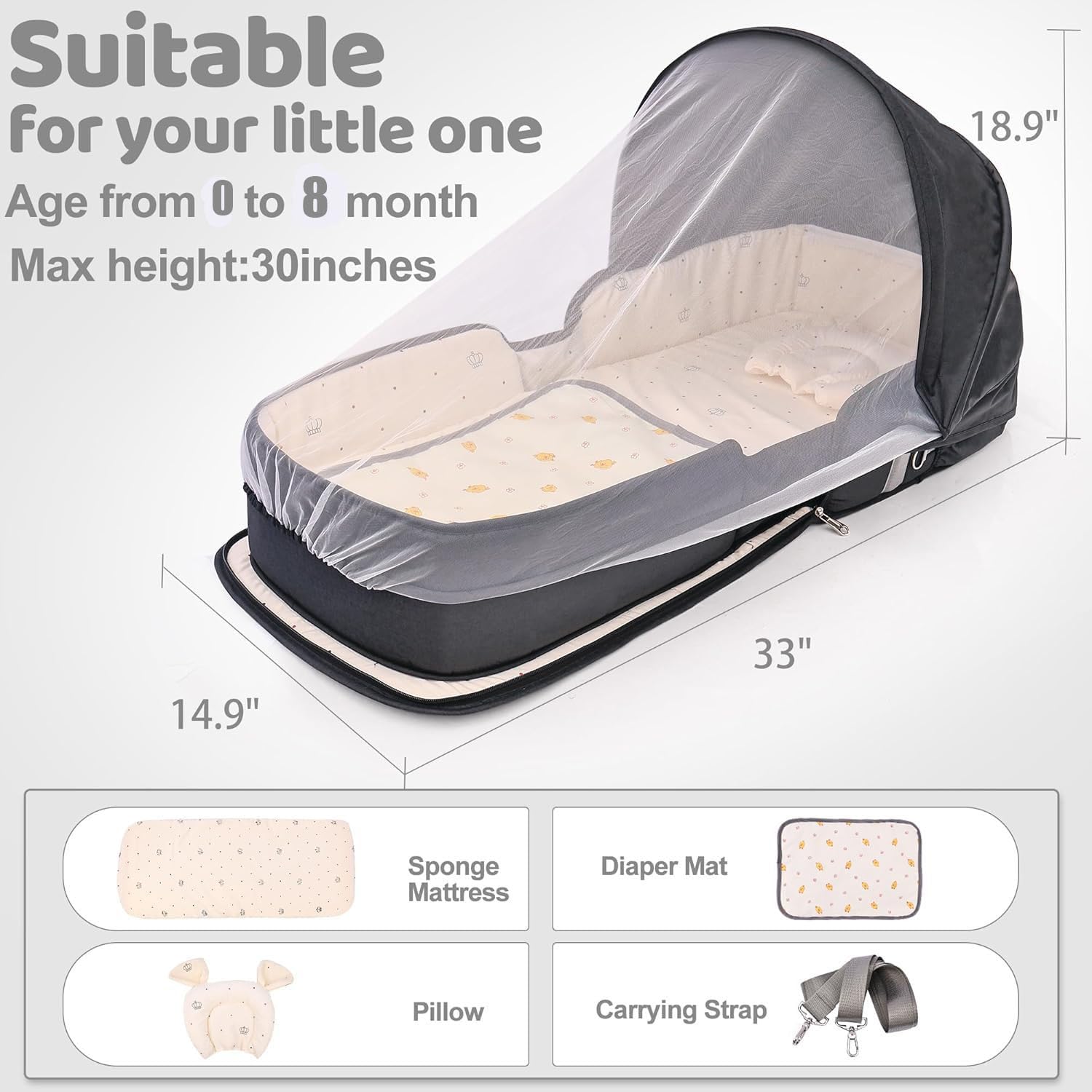 YVMVDV foldable bassinet compact for backpack-style outdoor trips.
