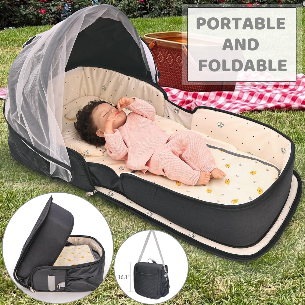 YVMVDV baby bassinet with mosquito net protecting sleep outdoors.