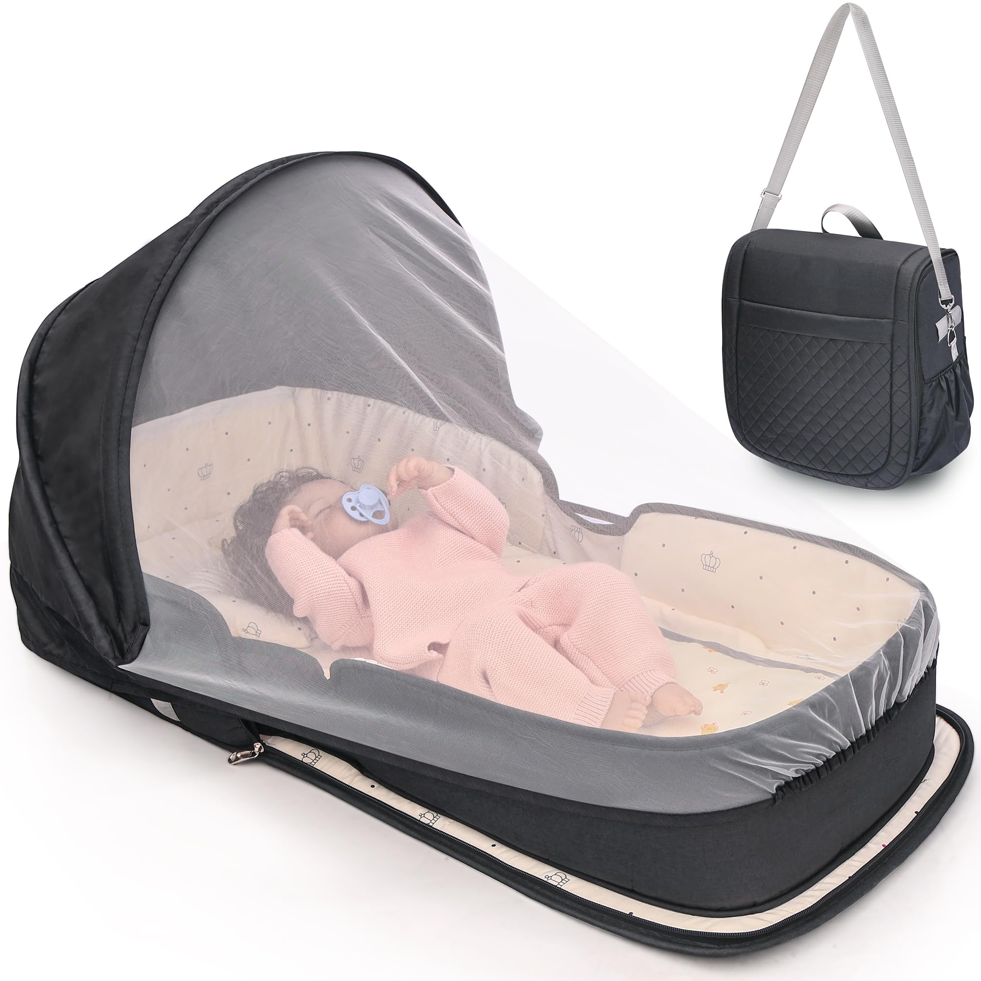 YVMVDV portable travel bassinet setup for easy in-room naps.