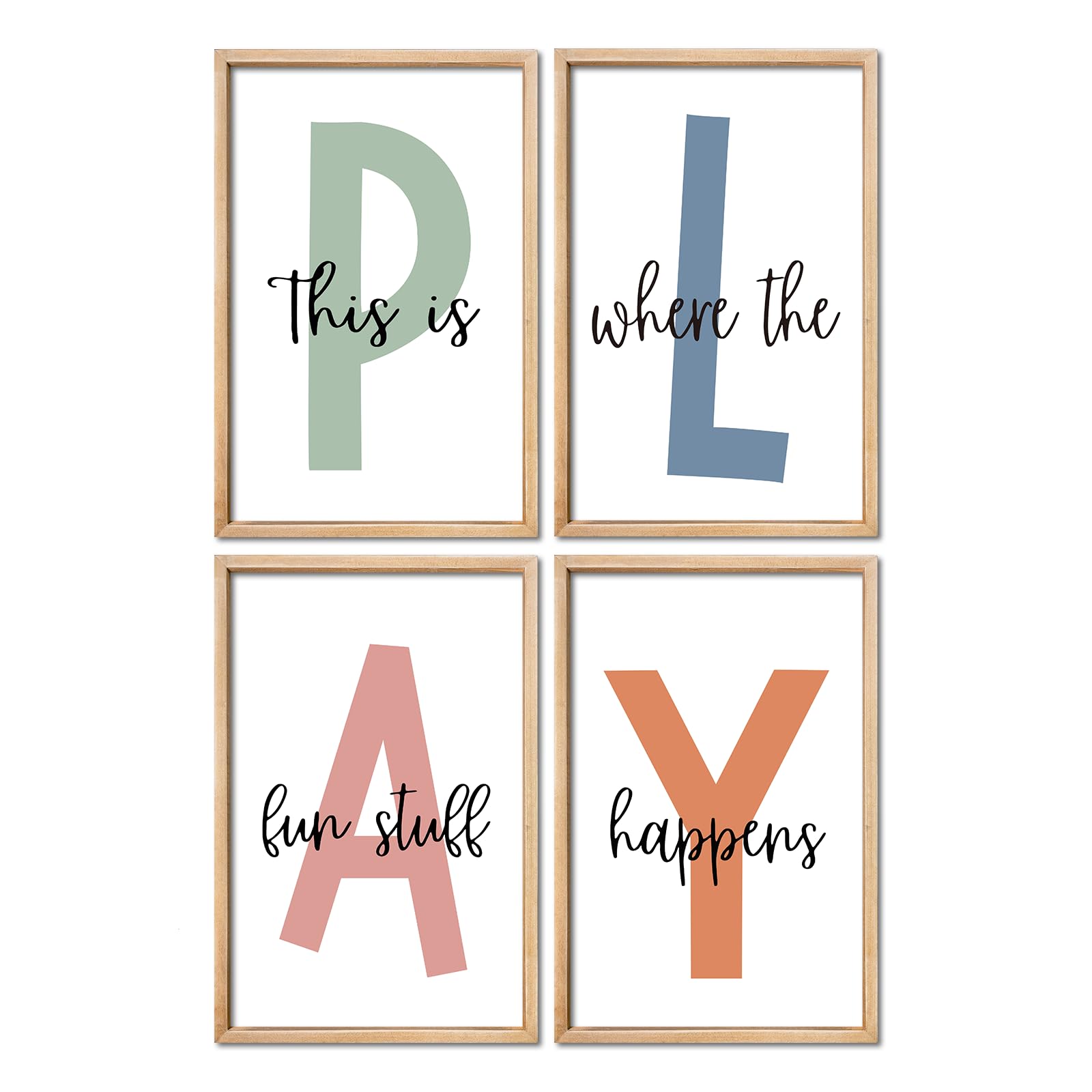YWJKWLGS four-piece playroom art arranged for a lively kid-friendly wall display.