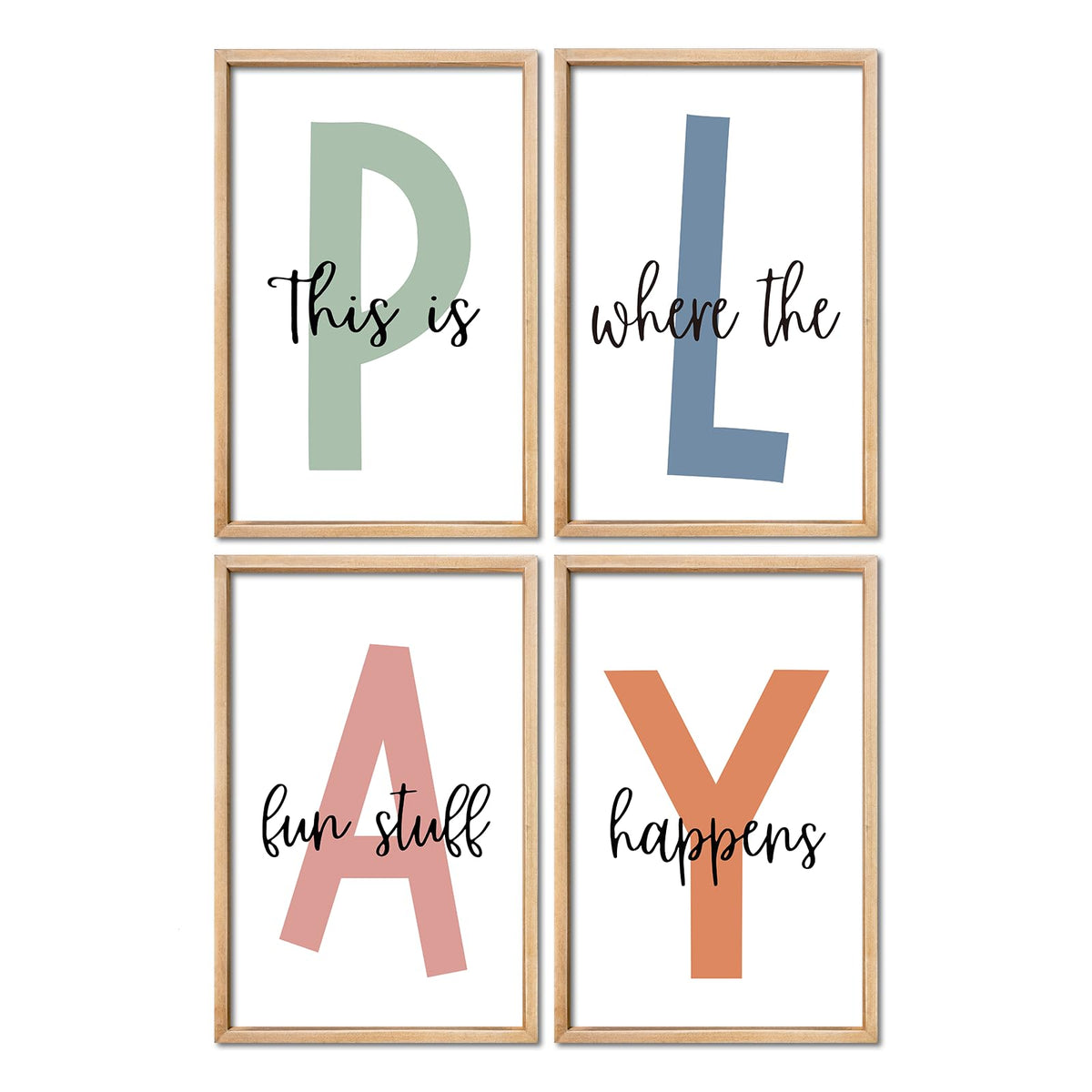 YWJKWLGS four-piece playroom art arranged for a lively kid-friendly wall display.