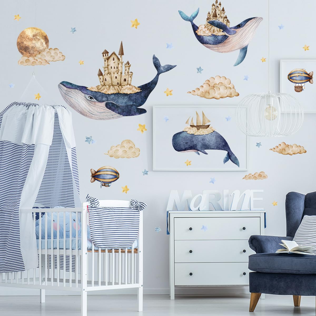YYLL 77YS whale wall decals with castle on back for imaginative nursery decor