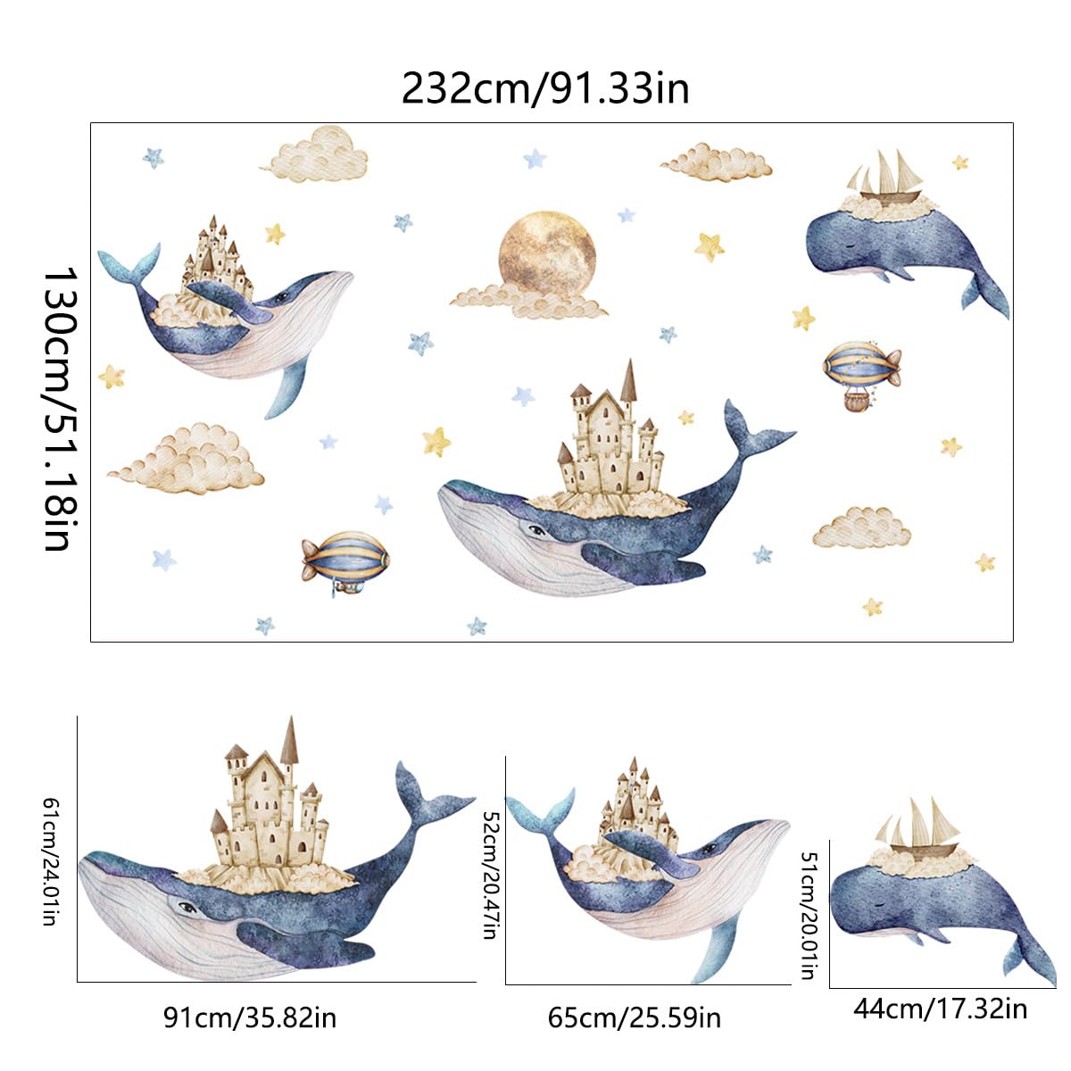 YYLL 77YS whale wall decals castle-on-back design in vibrant colors for kids' rooms