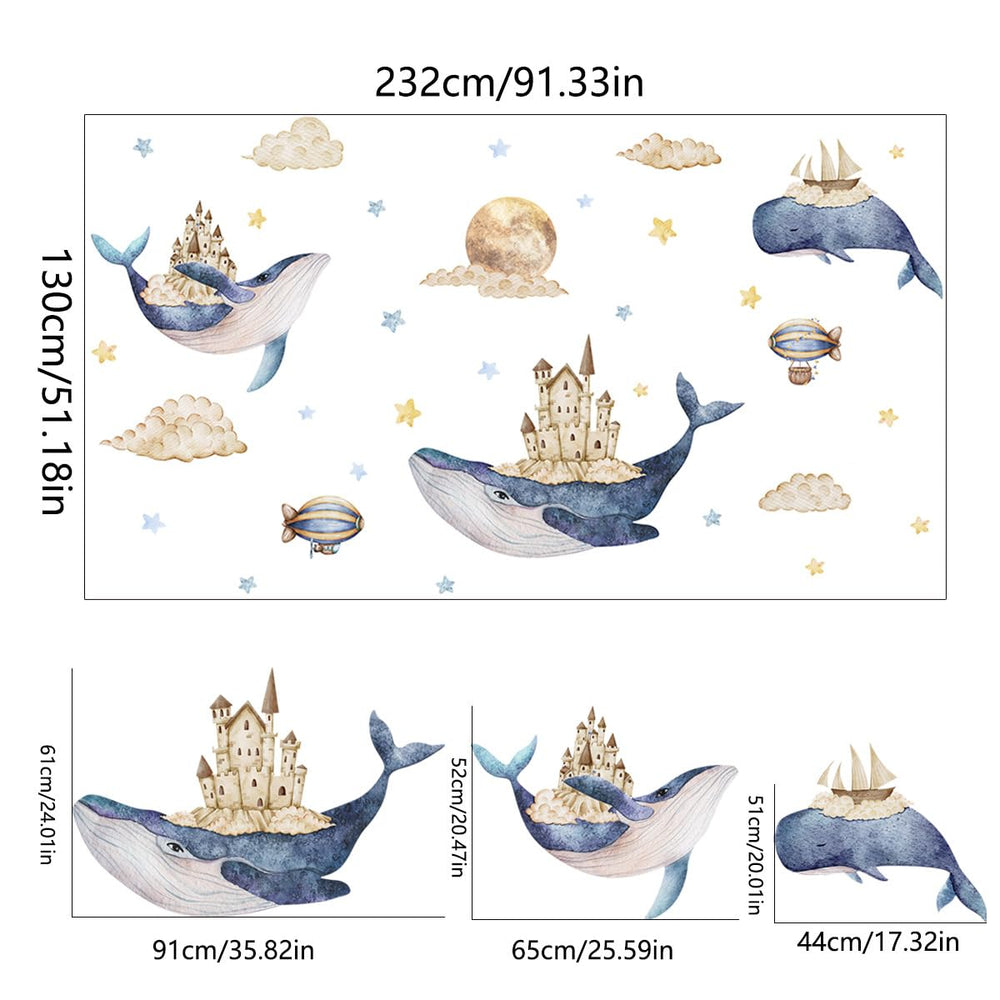 YYLL 77YS whale wall decals castle-on-back design in vibrant colors for kids' rooms