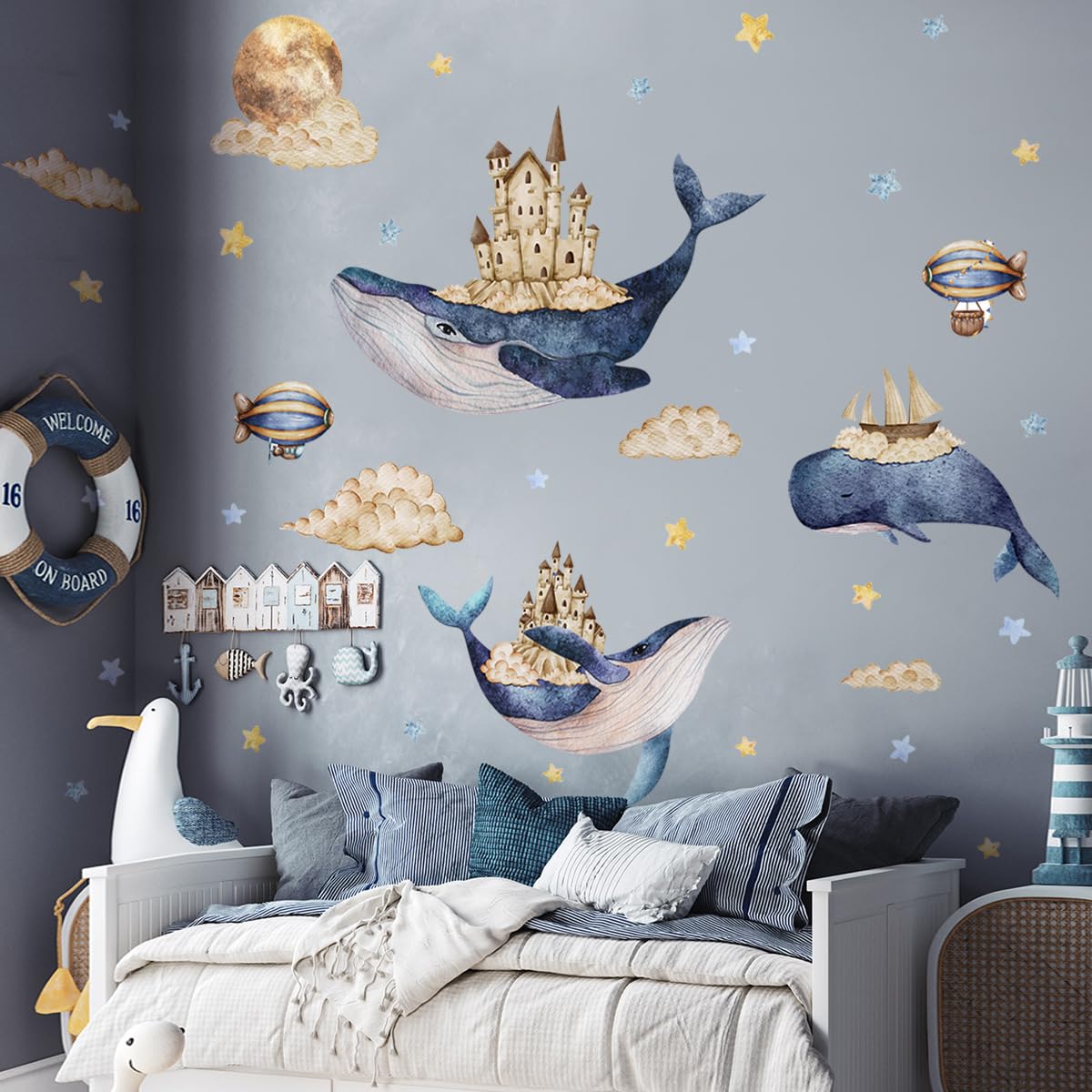 YYLL 77YS removable and reusable whale decals with castle imagery