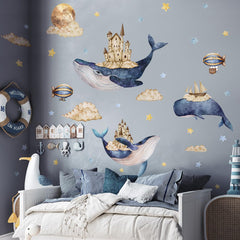 YYLL 77YS removable and reusable whale decals with castle imagery
