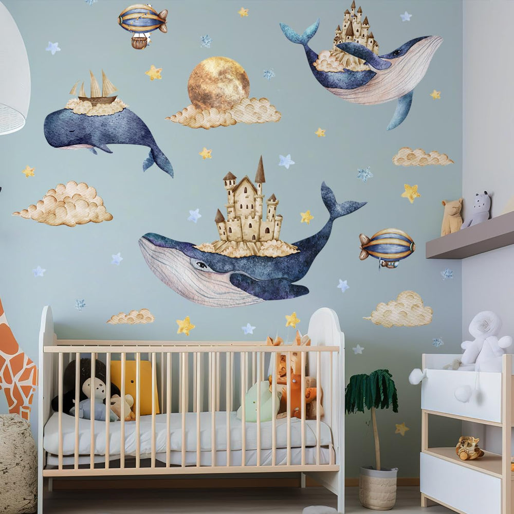 YYLL 77YS easy peel and stick whale decals featuring castle-on-back