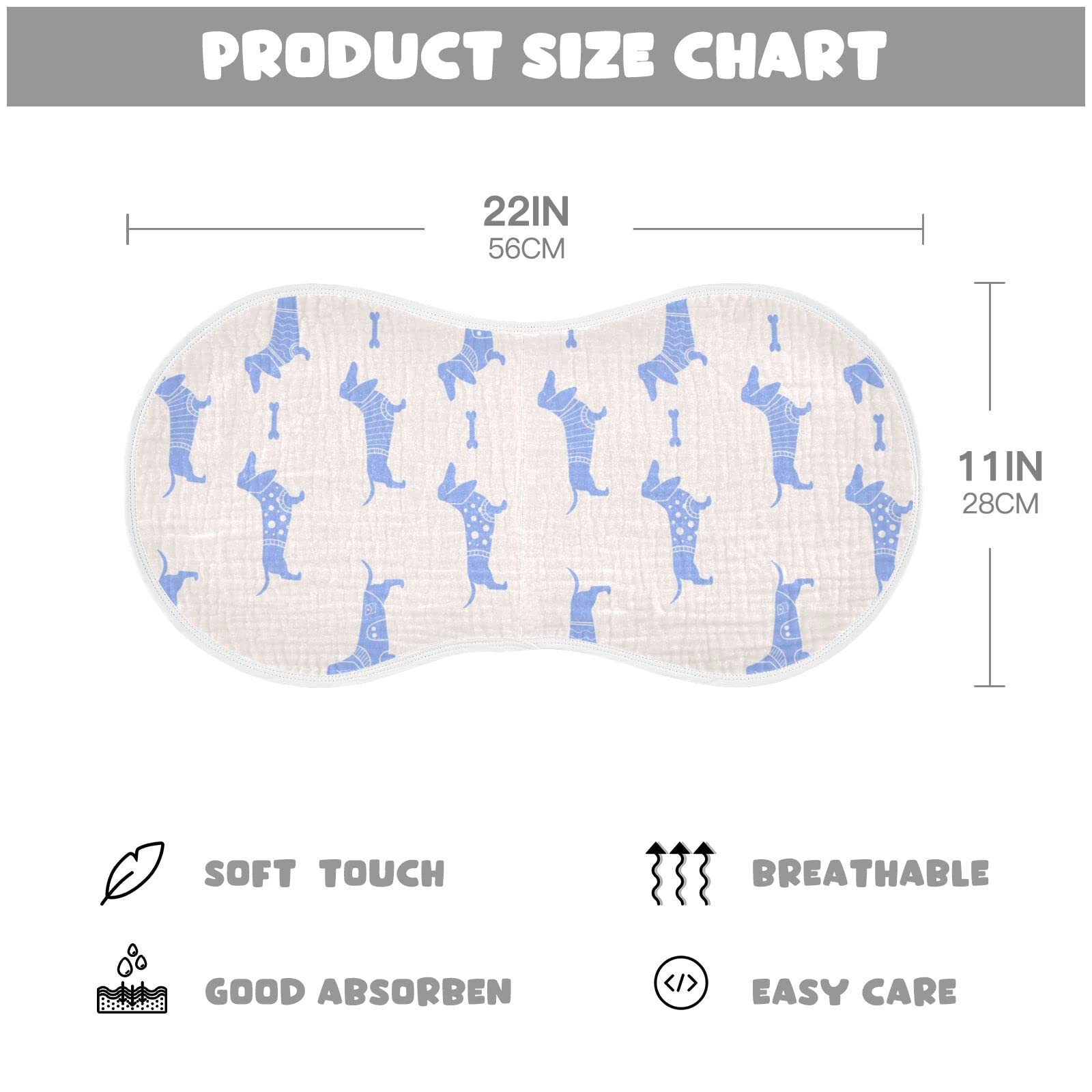 YYZZH dachshund bone motif burp cloths with wrap-edge design for gentle skin contact.