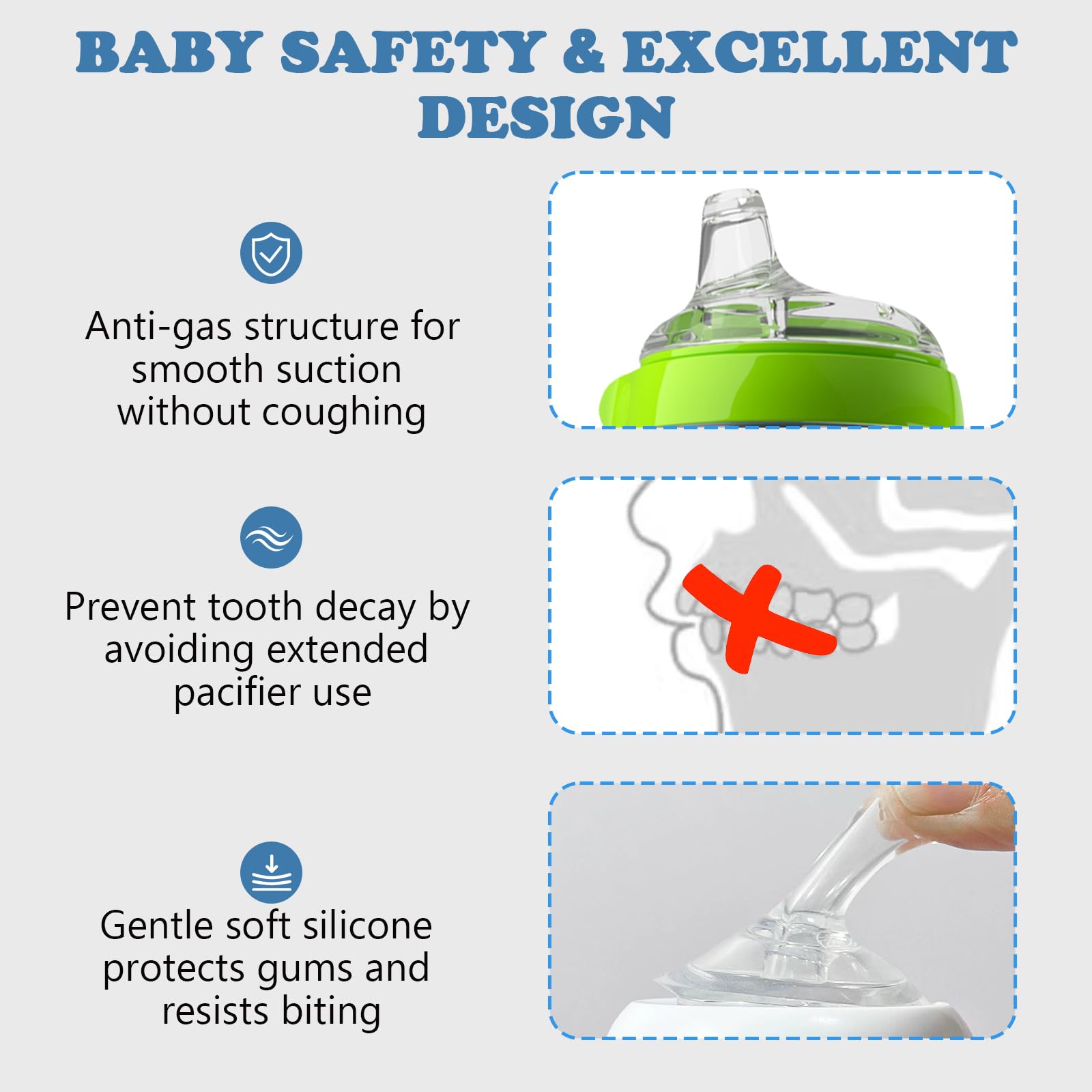 Zafflerva soft silicone spout provides gentle feeding for sensitive gums.