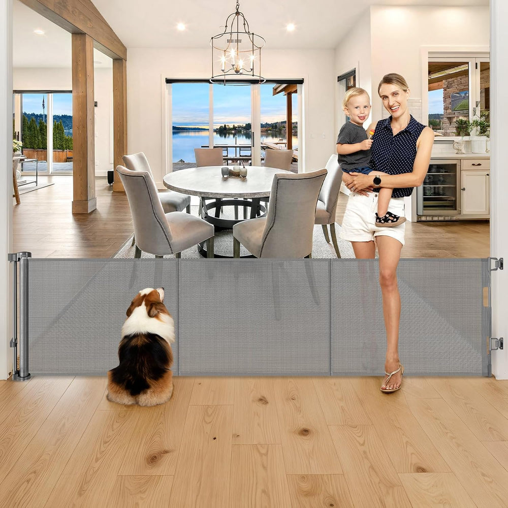 Zaguoroo 28-inch tall retractable gate mesh closed, ideal for child and pet containment.