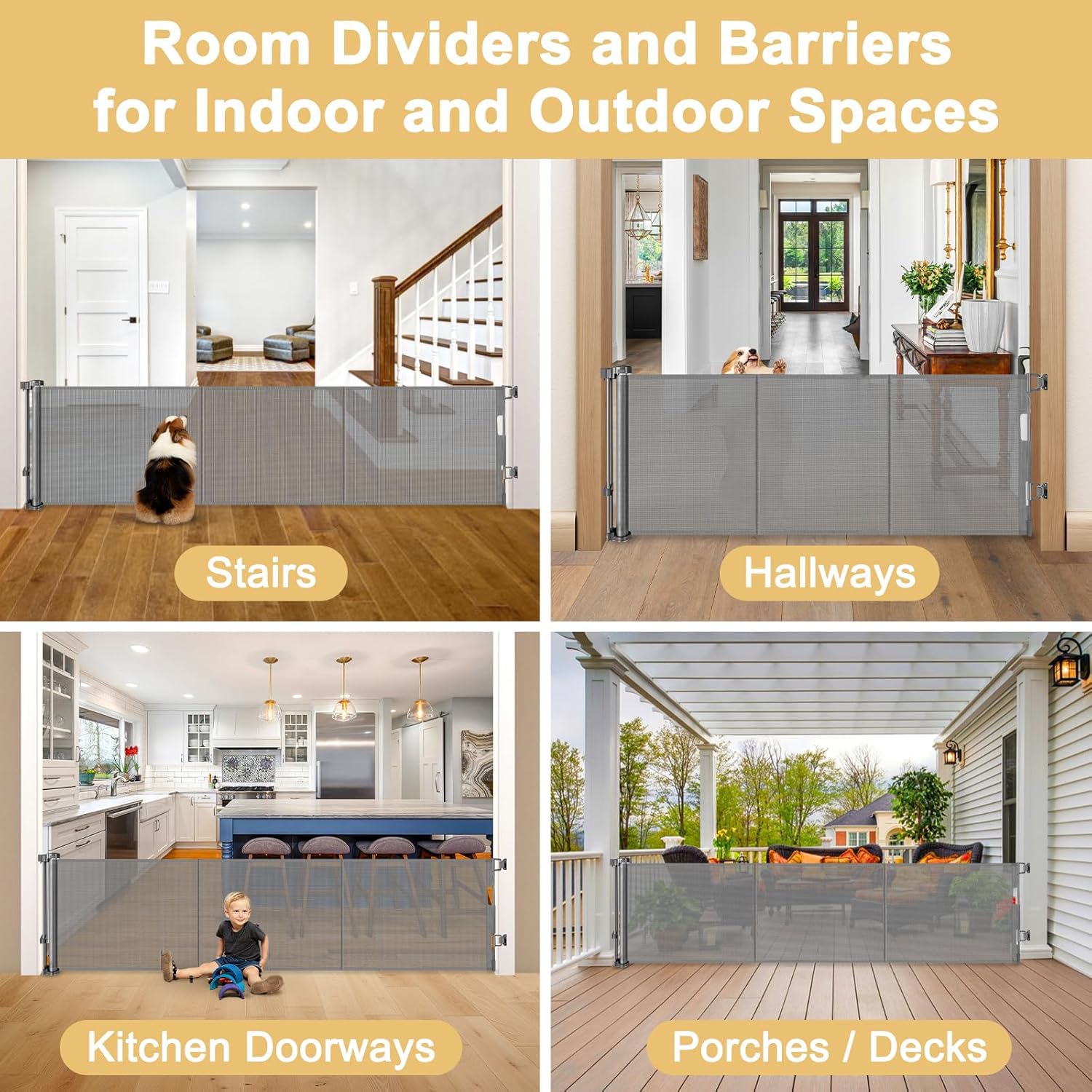 Zaguoroo indoor-outdoor barrier suitable for stairs, doorways, decks, and patios.