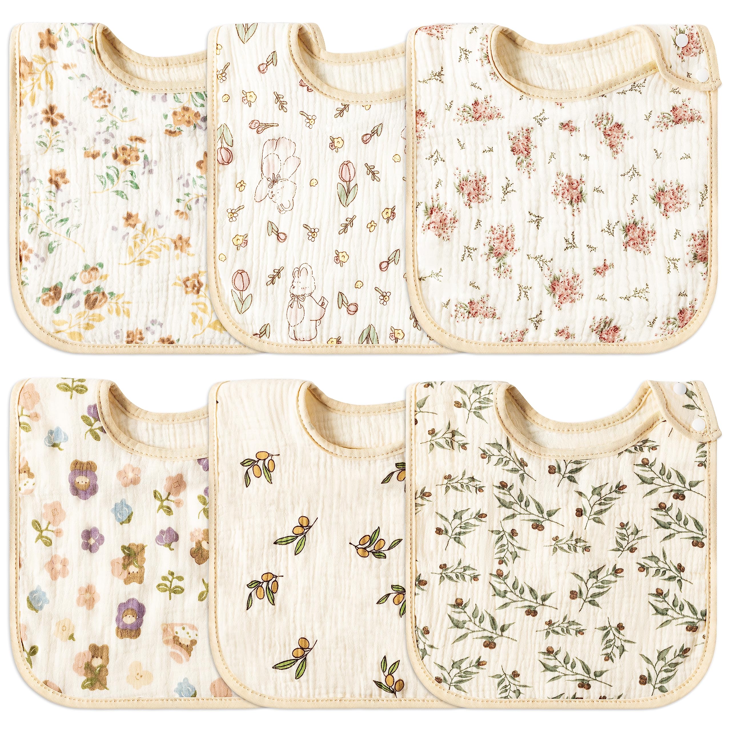 Zainpe baby bib with floral and bunny pattern in neutral beige, soft and absorbent.