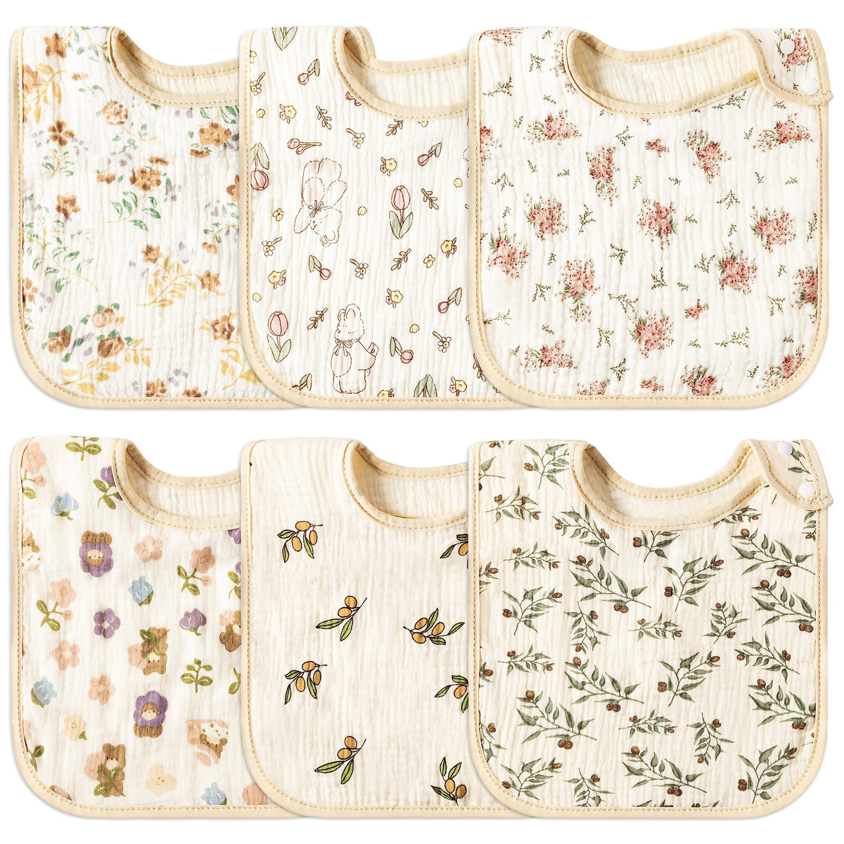 Zainpe baby bib with floral and bunny pattern in neutral beige, soft and absorbent.