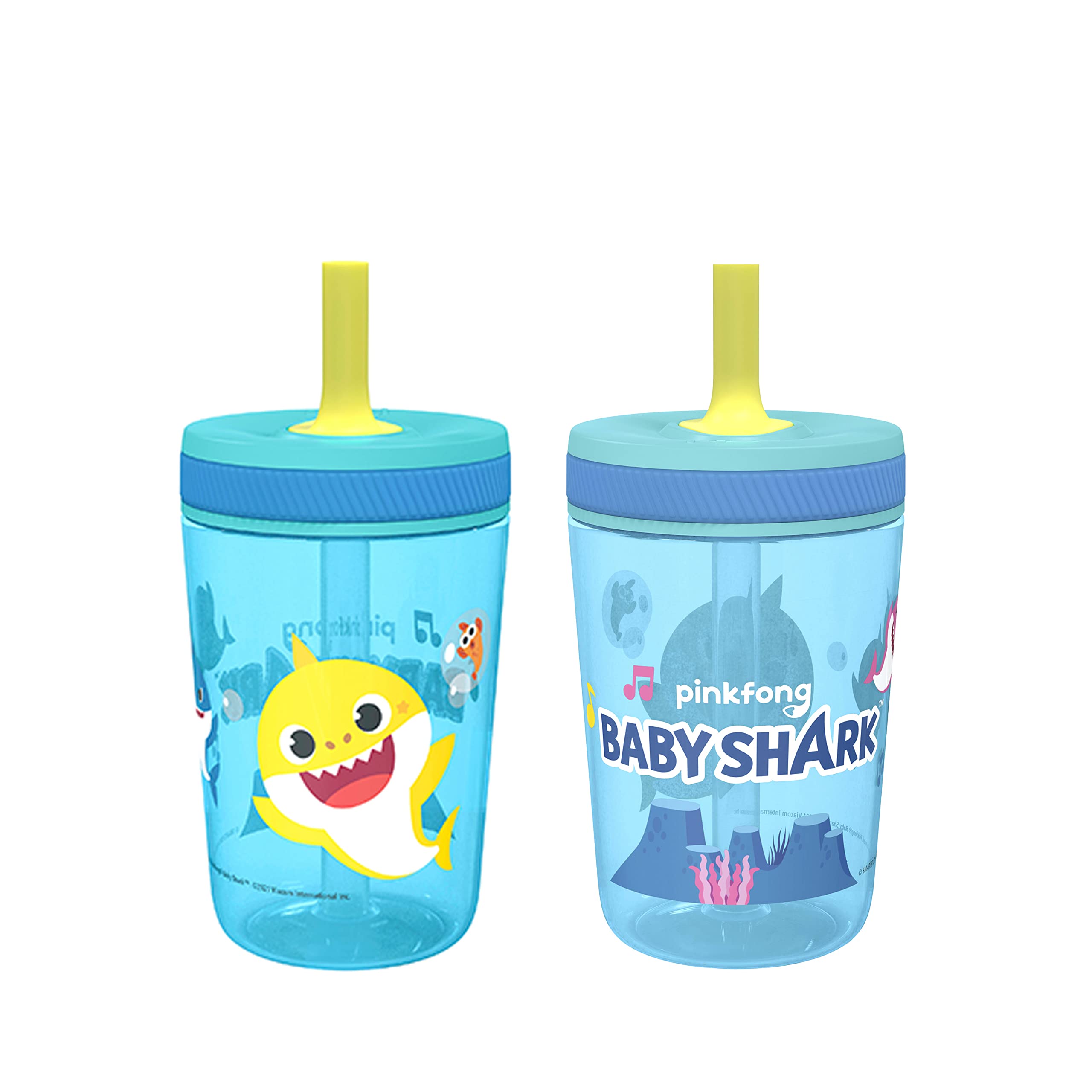 Zak Designs Baby Shark Kelso tumbler close-up of leak-proof lid for mess-free drinks