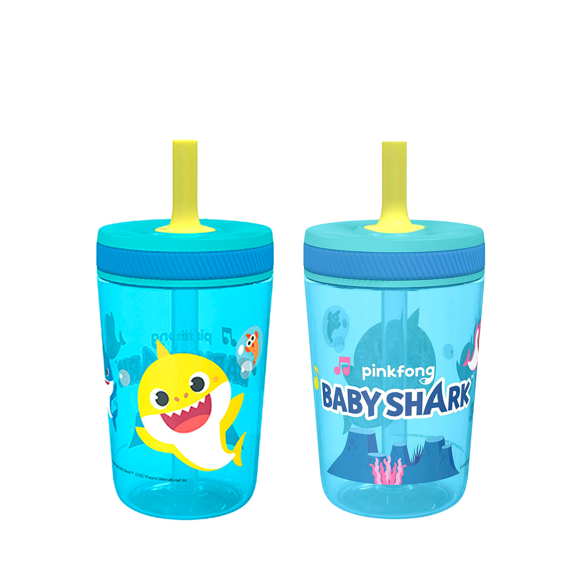Zak Designs Baby Shark Kelso tumbler close-up of leak-proof lid for mess-free drinks