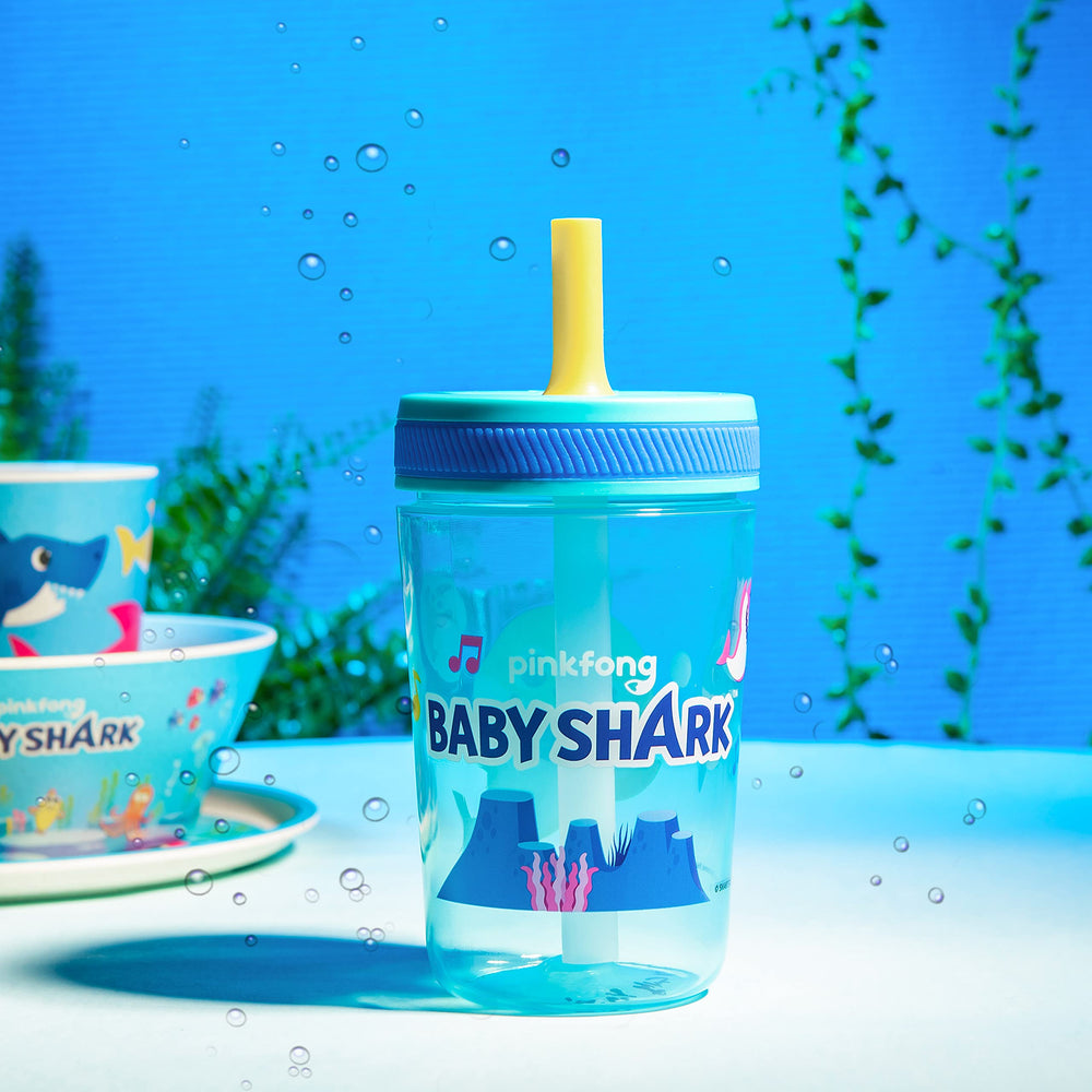 Family hydration with Zak Designs Baby Shark Kelso tumblers during meals