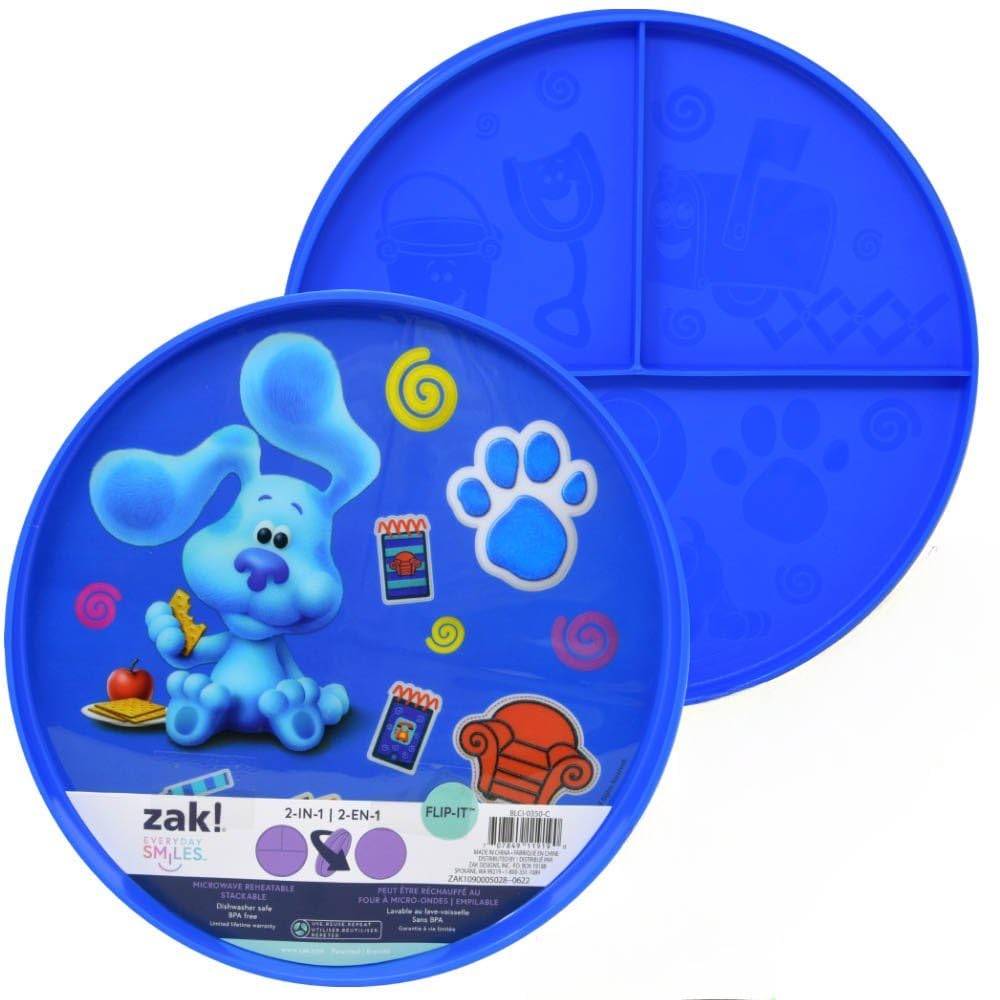 Zak Designs Blue's Clues 2-in-1 Flip-It Plate front view, durable and microwave-safe for kids.