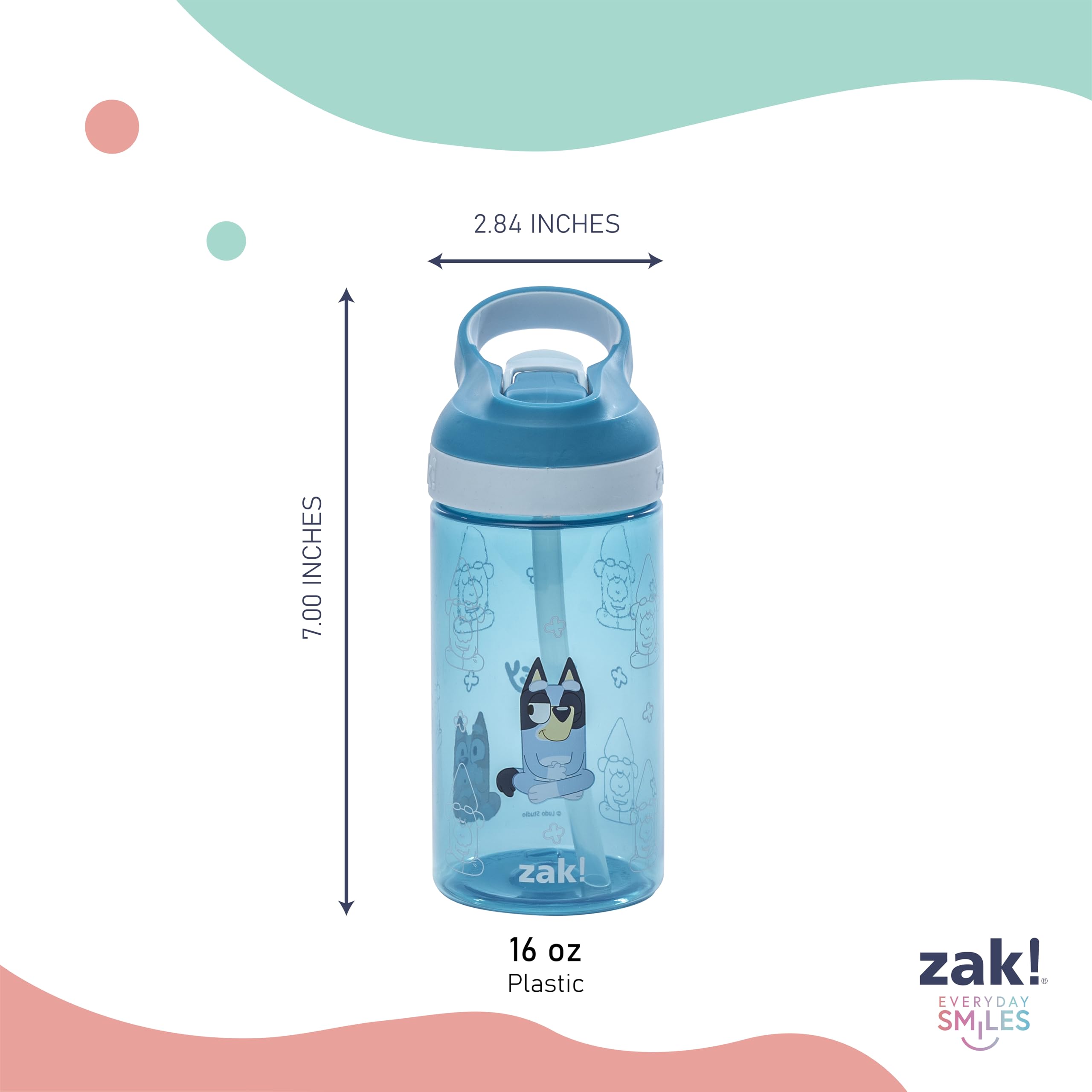 Zak Designs Bluey Atlantic 16oz bottle with backpack clip option.