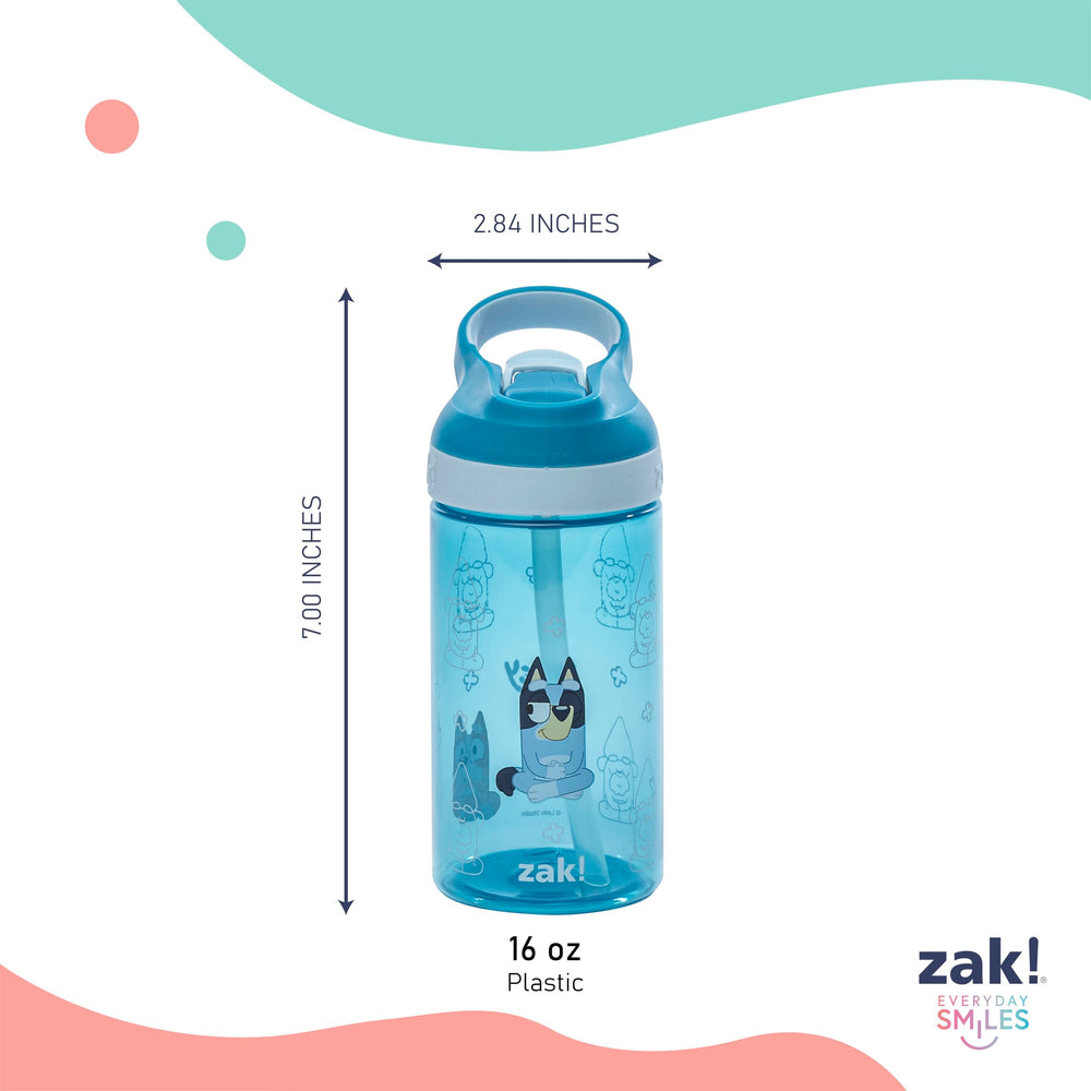 Zak Designs Bluey Atlantic 16oz bottle with backpack clip option.