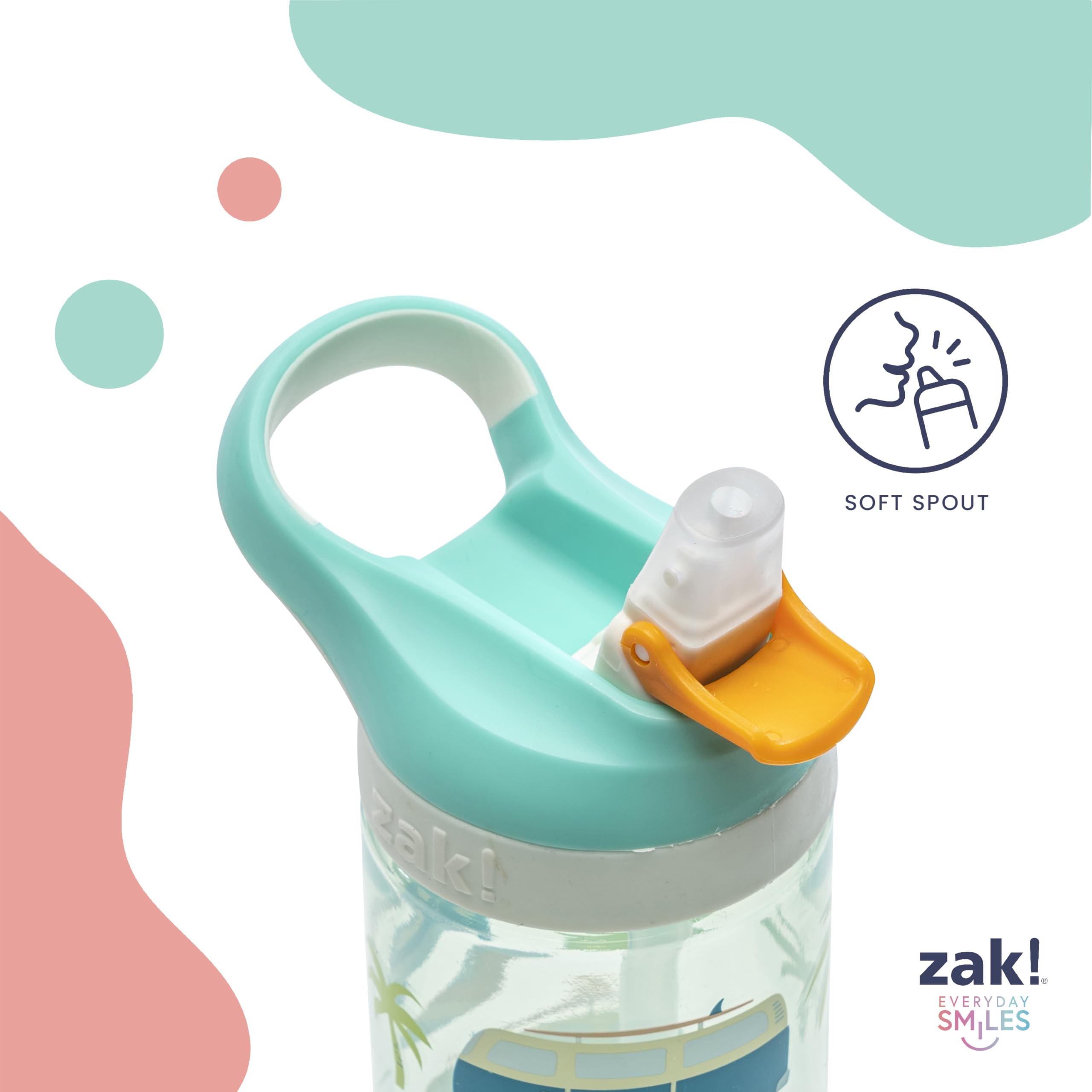 Zak Designs Bluey Atlantic 16oz bottle showing pop-up spout cover for clean sips.