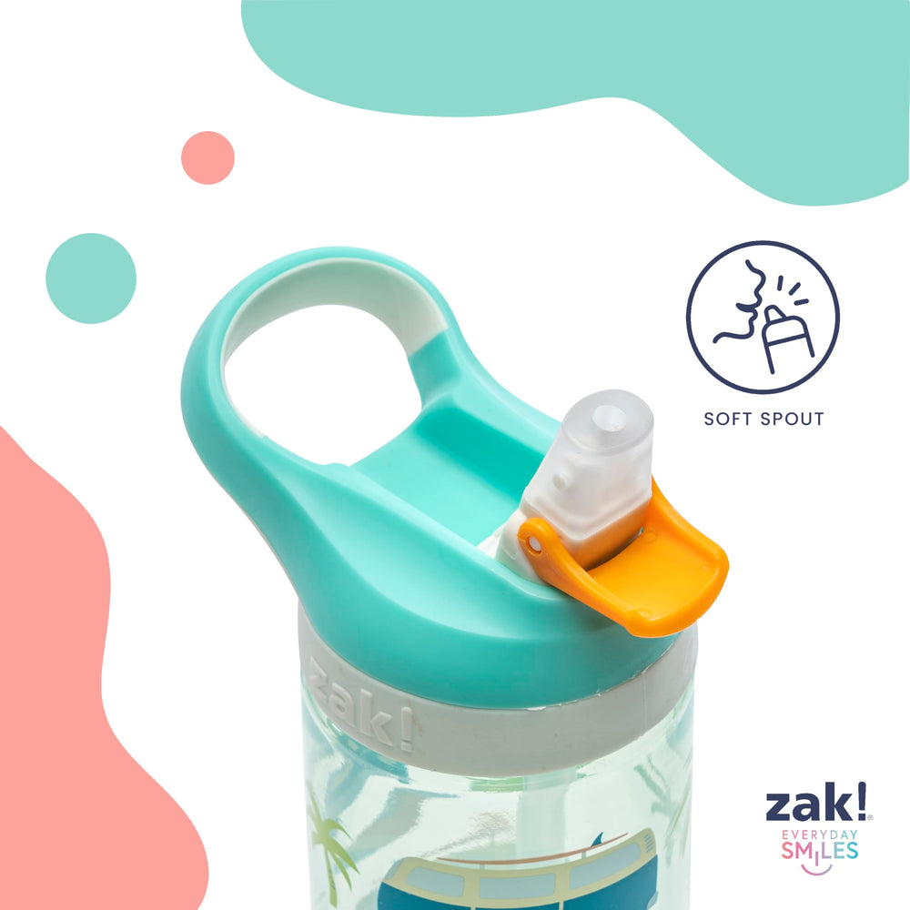 Zak Designs Bluey Atlantic 16oz bottle showing pop-up spout cover for clean sips.