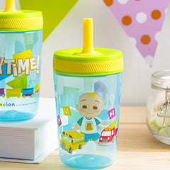 Zak Designs Cocomelon Kelso tumbler leak-proof lid demonstrates spill resistance in busy family moments.