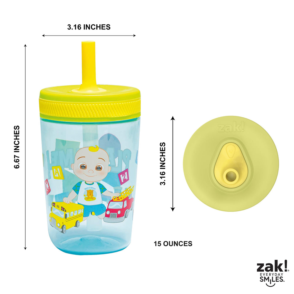 Zak Designs Cocomelon Kelso tumbler travel-friendly feature fits car cup holders for trips.