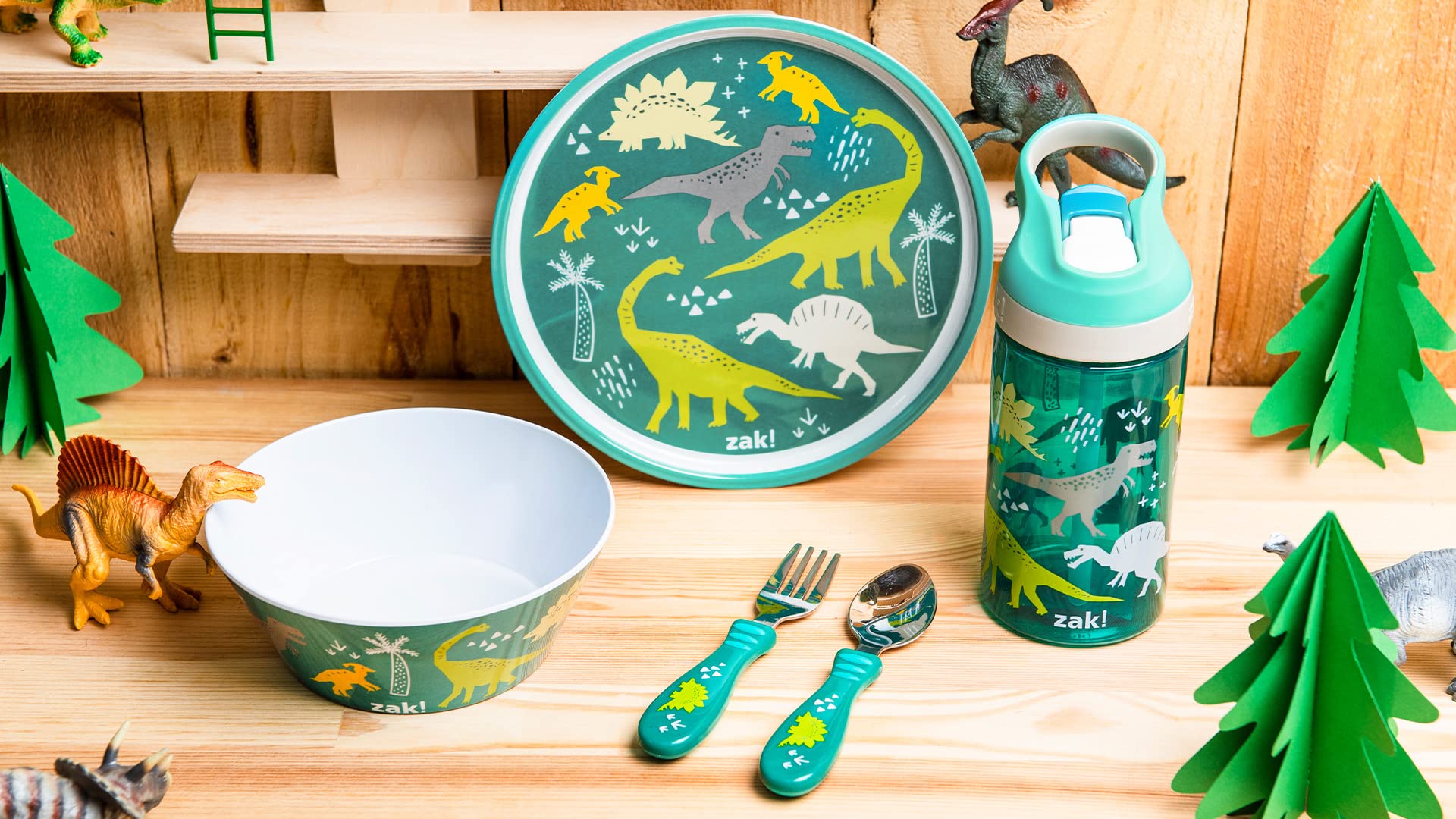 Zak Designs Dinosaur packaging, sturdy set ready for gifting.
